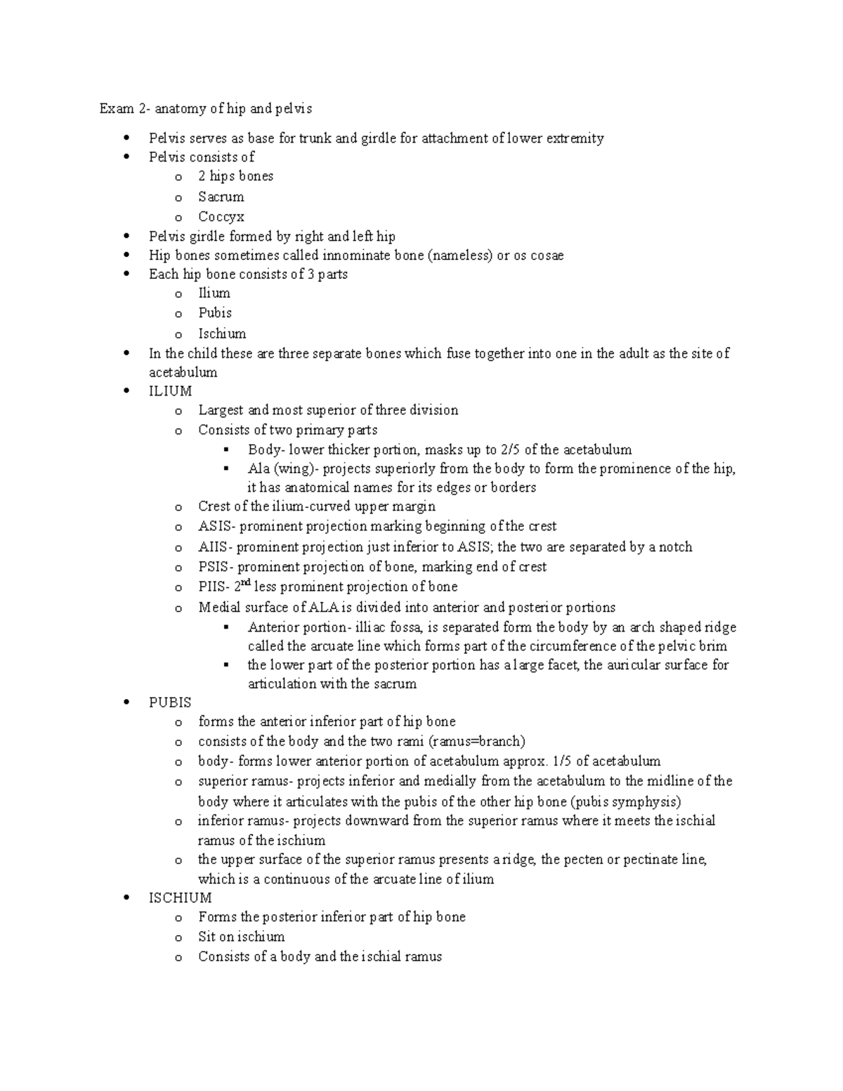 Exam 2 - Lecture notes 3-5 - Exam 2- anatomy of hip and pelvis Pelvis ...