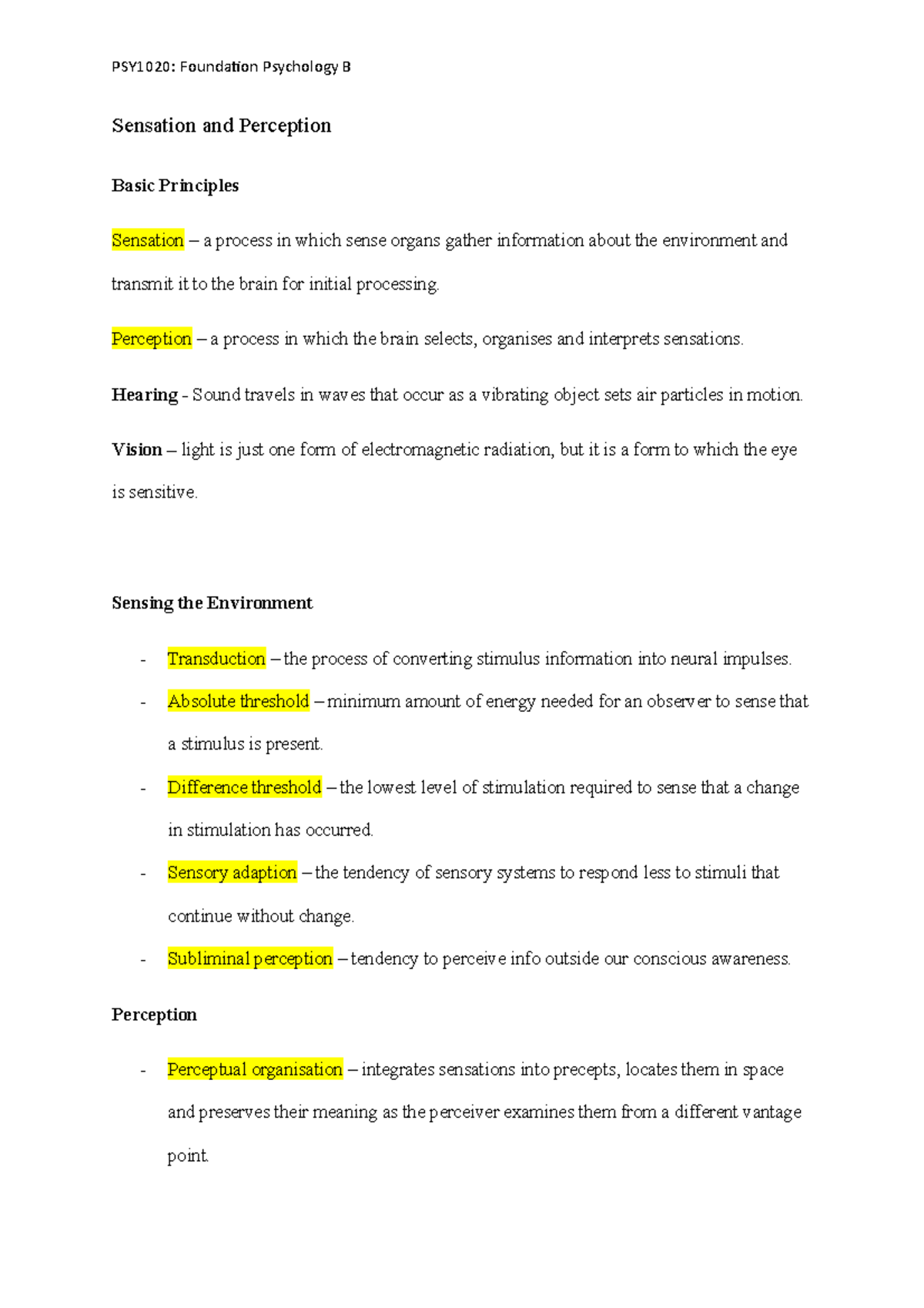 Psych B - Sensation And Perception - Summary - PSY1020: Foundation ...