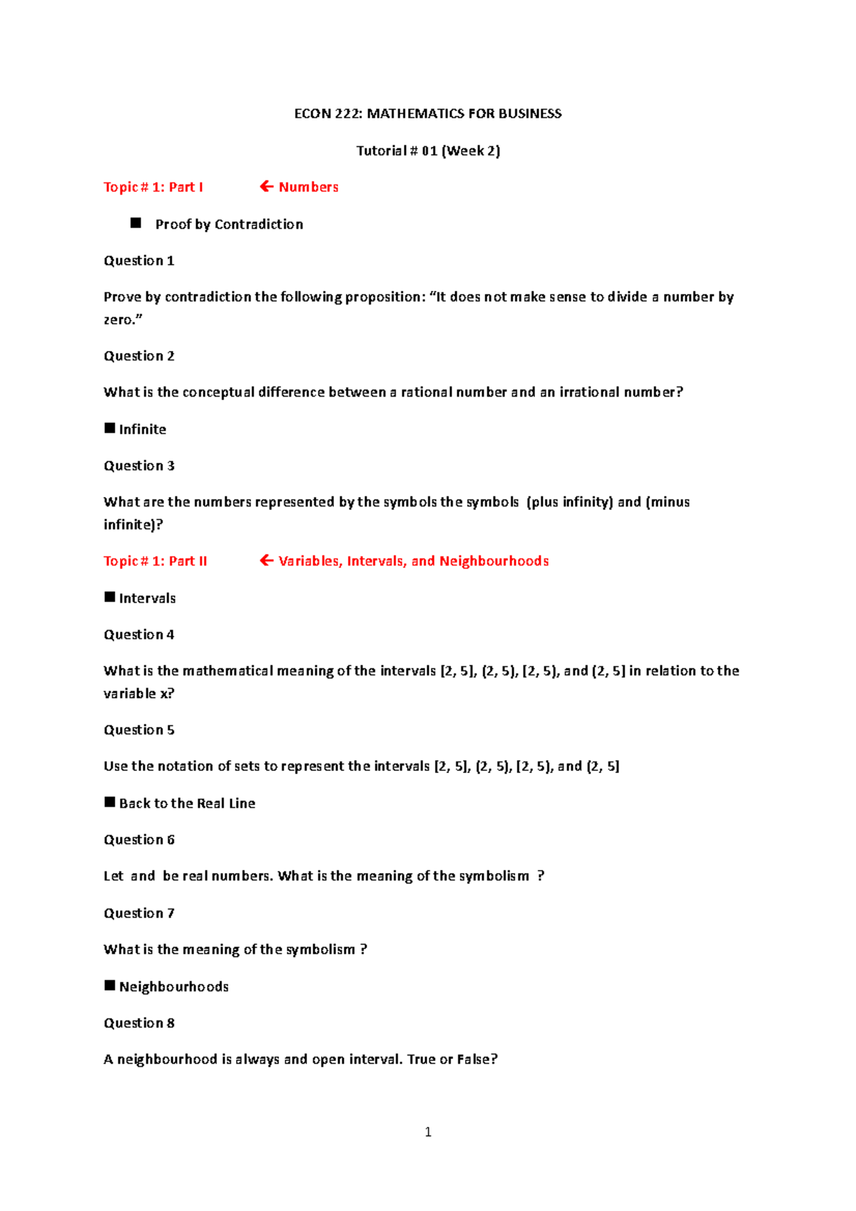 222, Tute # 01 (Questions) DONE - ECON 222: MATHEMATICS FOR BUSINESS ...