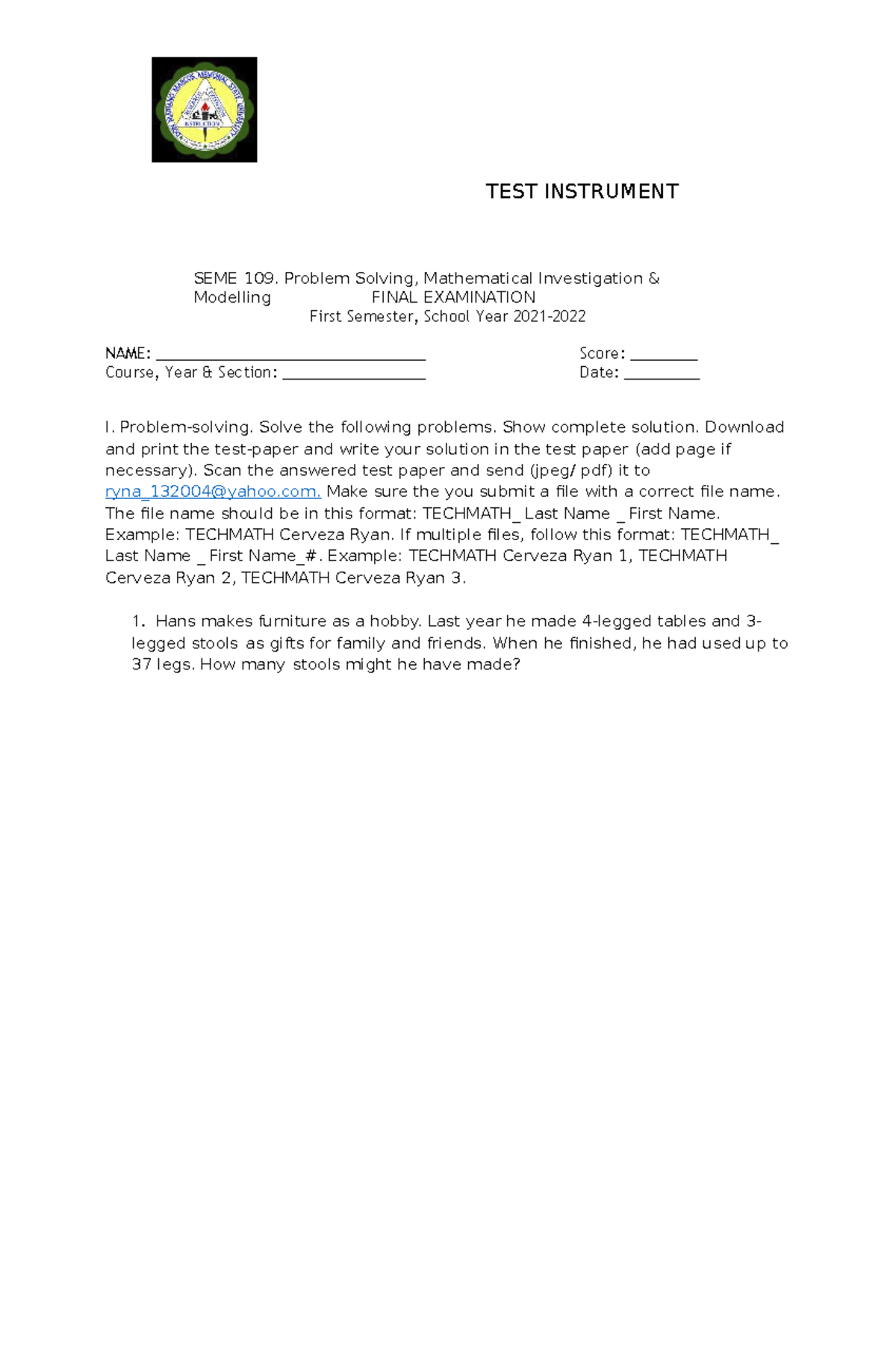 Problem-Solving Mathematical-Investigation in mathematics - TEST ...