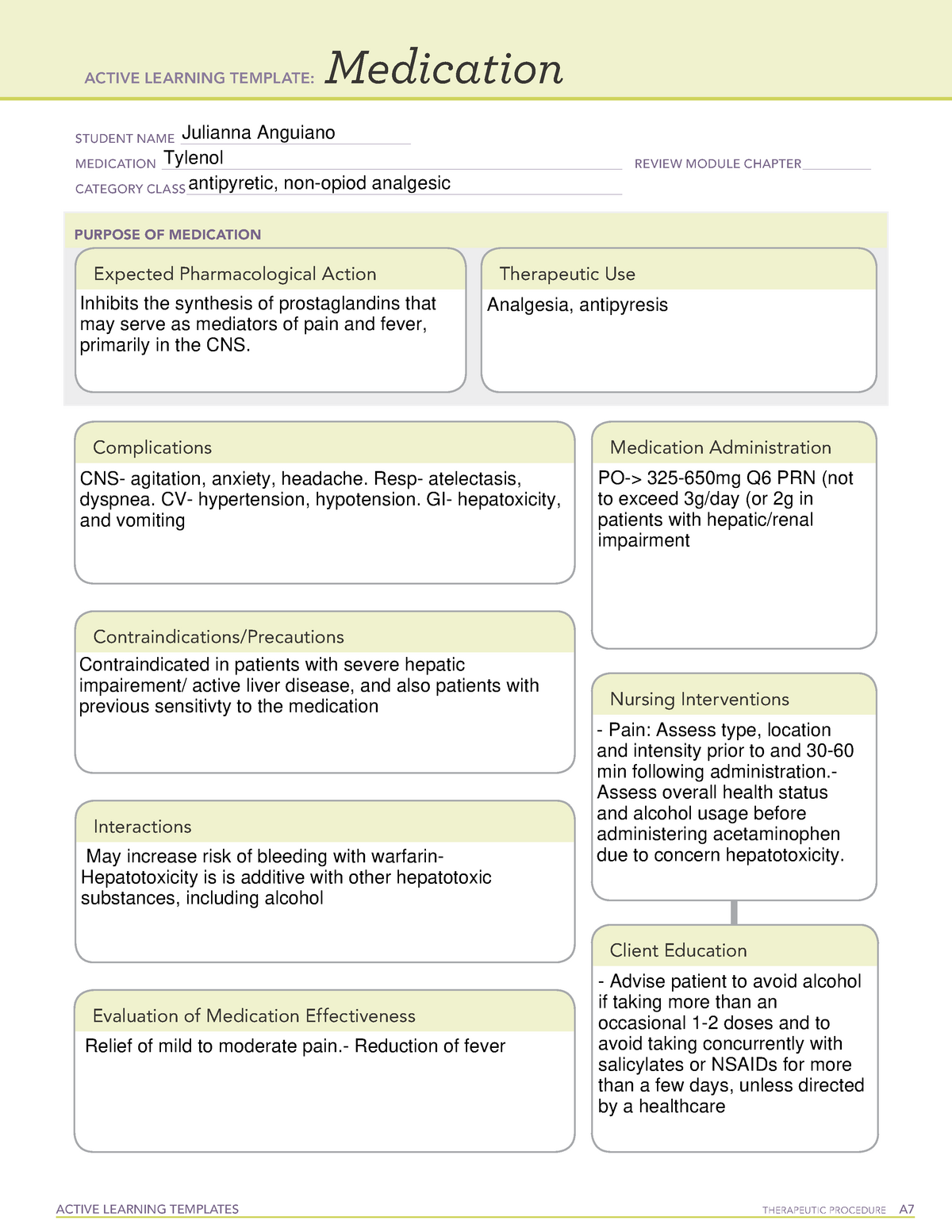 Tylenol medication sheet template ATI ACTIVE LEARNING TEMPLATES