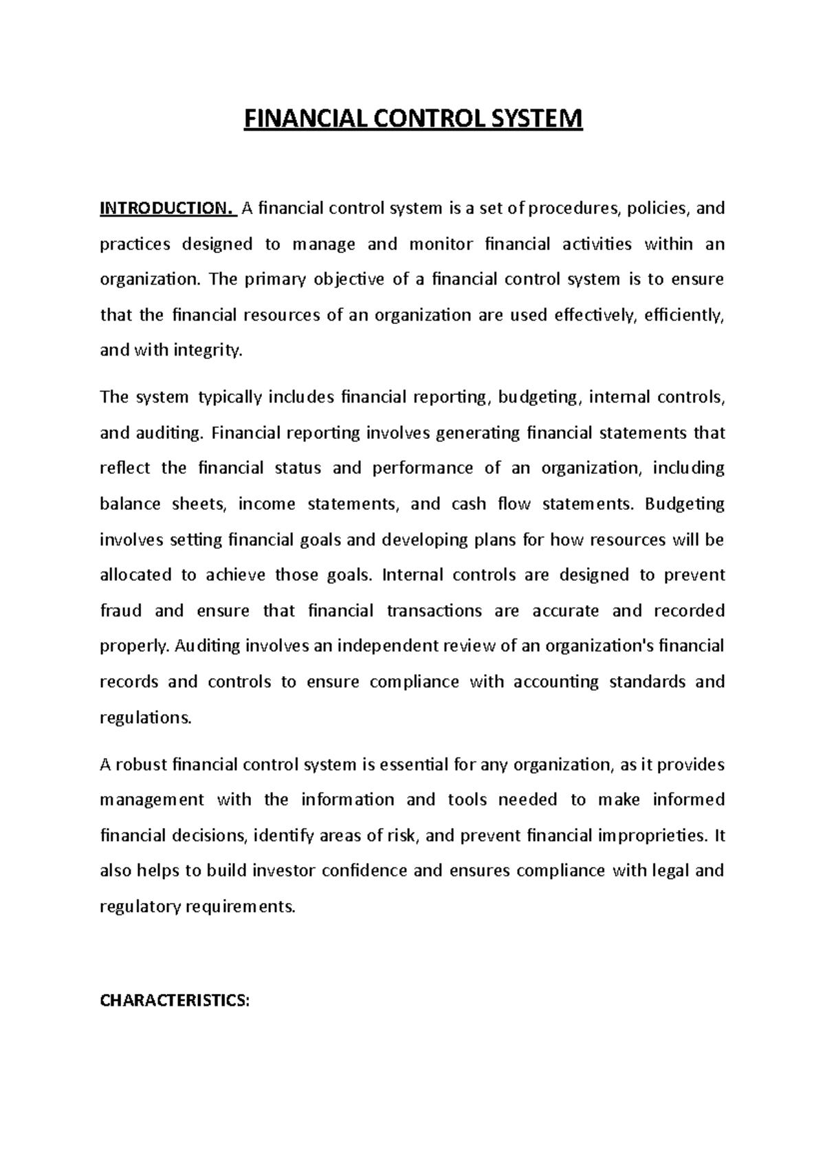 Financial Control System FINANCIAL CONTROL SYSTEM INTRODUCTION. A