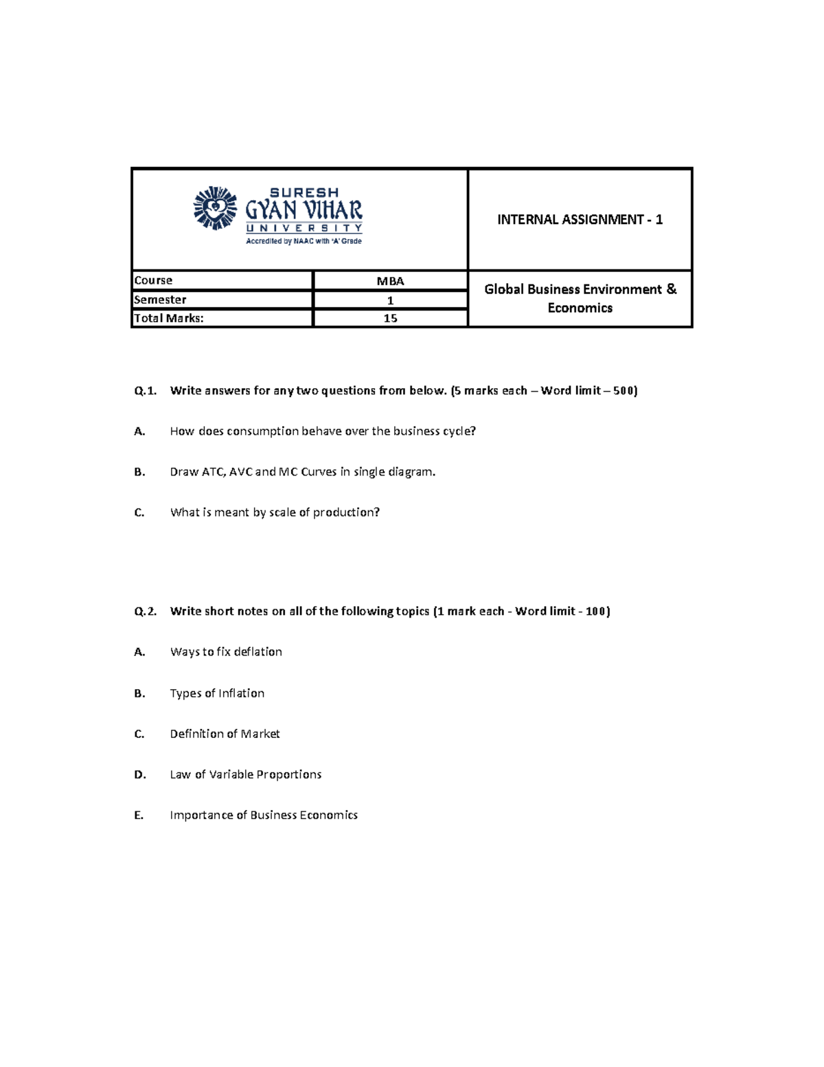 GBEE - INTERNAL ASSIGNMENT - 1 MBA 1 15 Q. A. B. C. Q. A. B. C. D. E ...