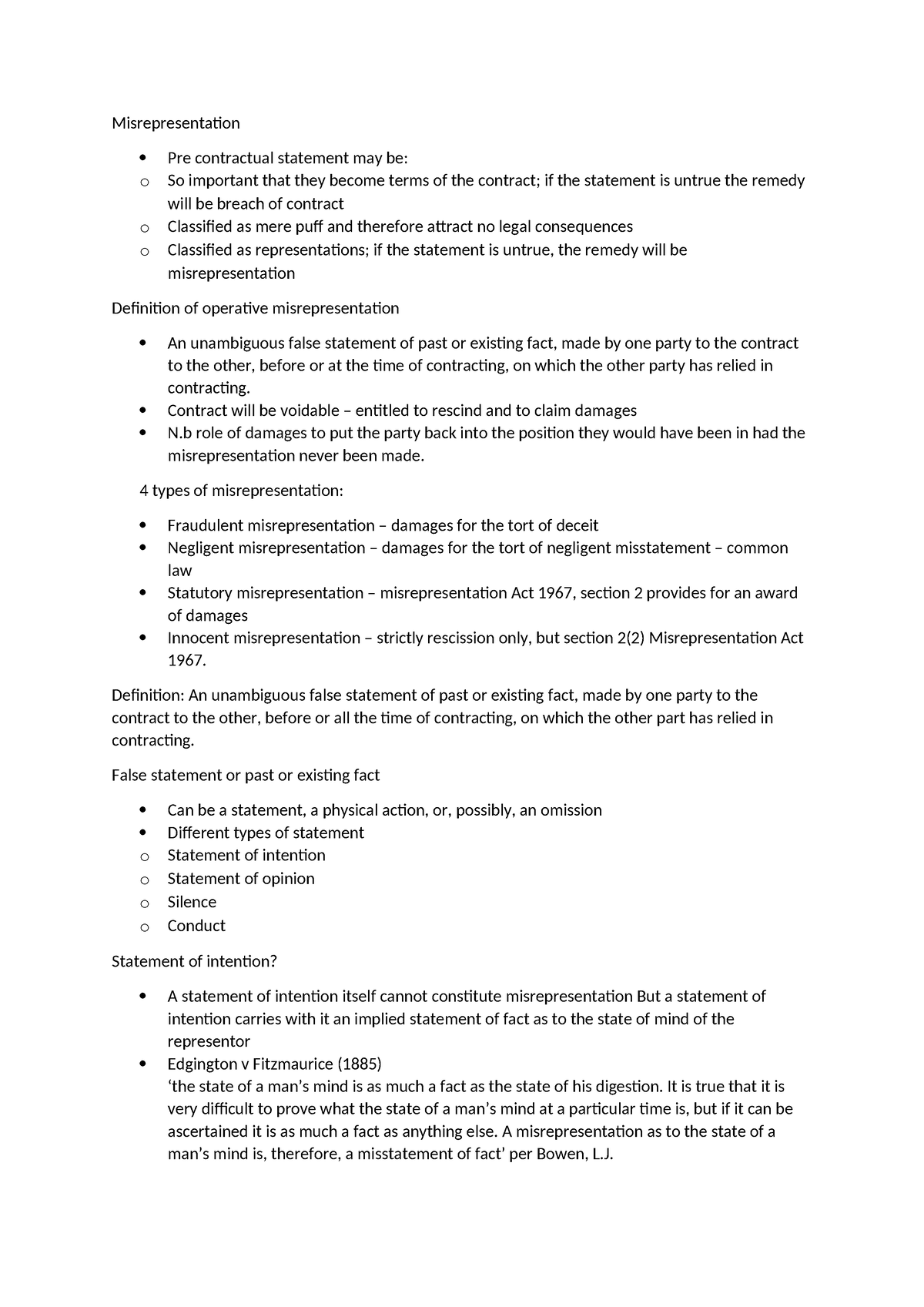 Misrepresentation 15 - lecture notes - Misrepresentation Pre ...