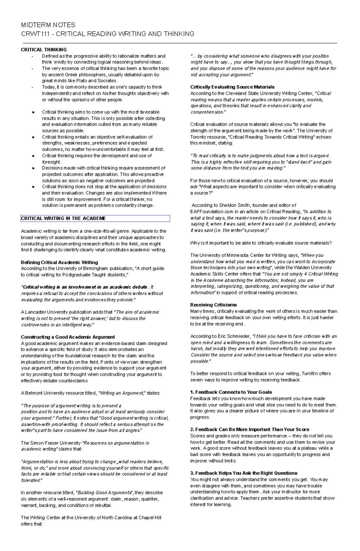 CRWT Midterm Reviewer - MIDTERM NOTES CRWT111 - CRITICAL READING ...
