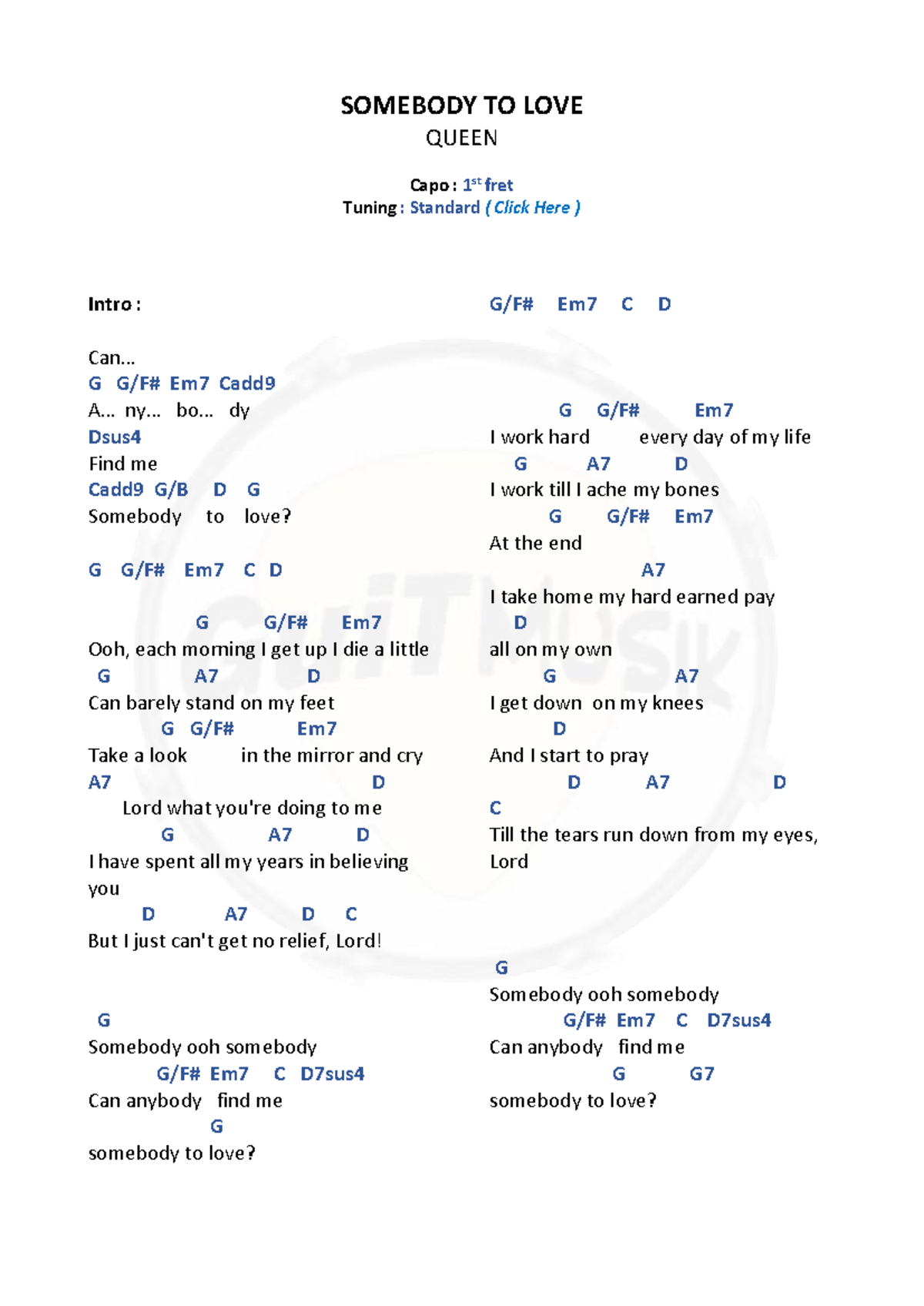 Somebody to Love Lyrics & Chords SOMEBODY TO LOVE QUEEN Capo 1 st fret Tuning Standard