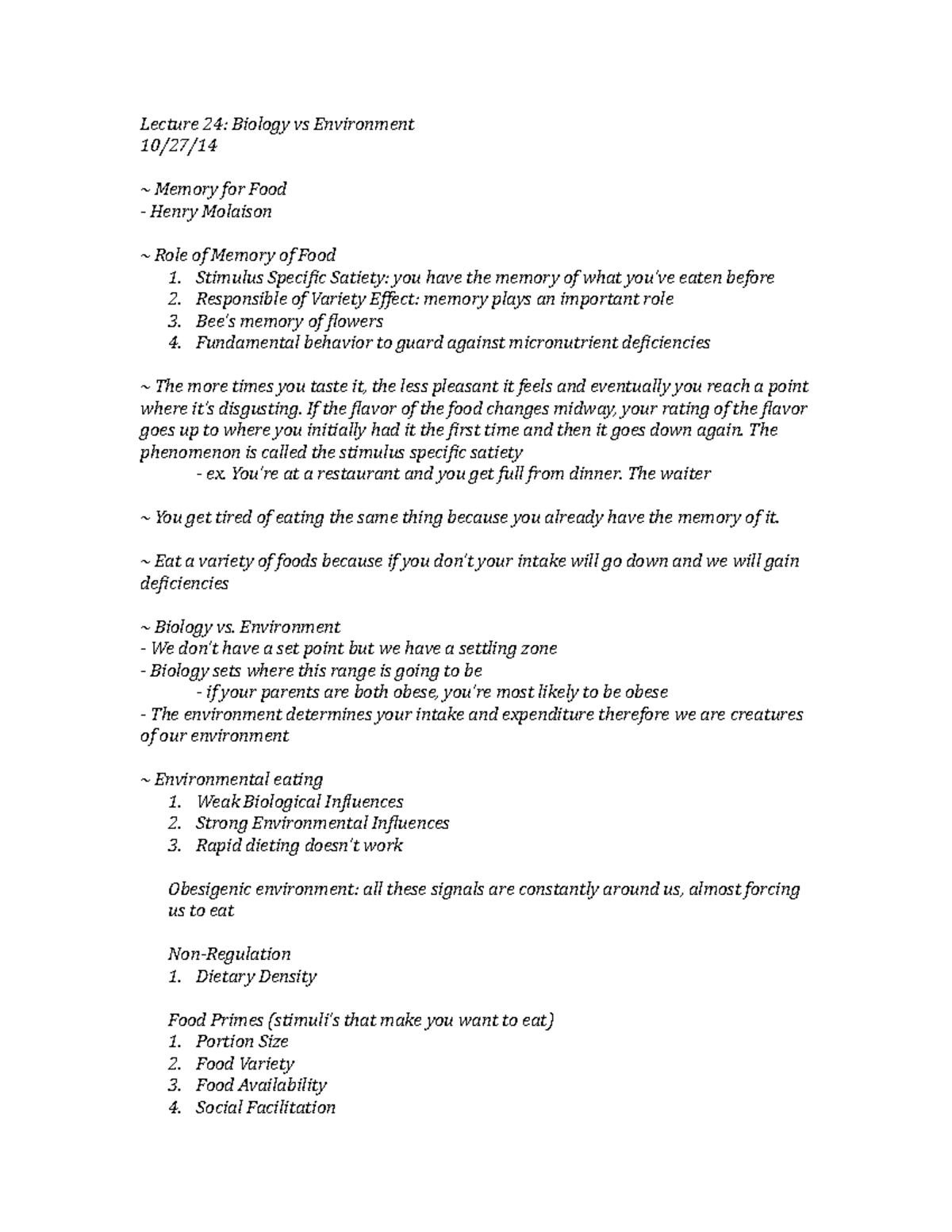 Lecture 24 Biology vs Environment Lecture 24 Biology vs