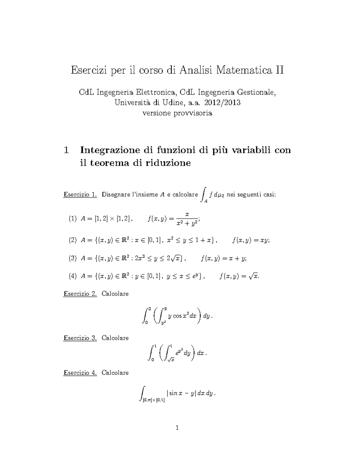 Esercitazione 1 Esercizi Per Il Corso Di Analisi Matematica Ii