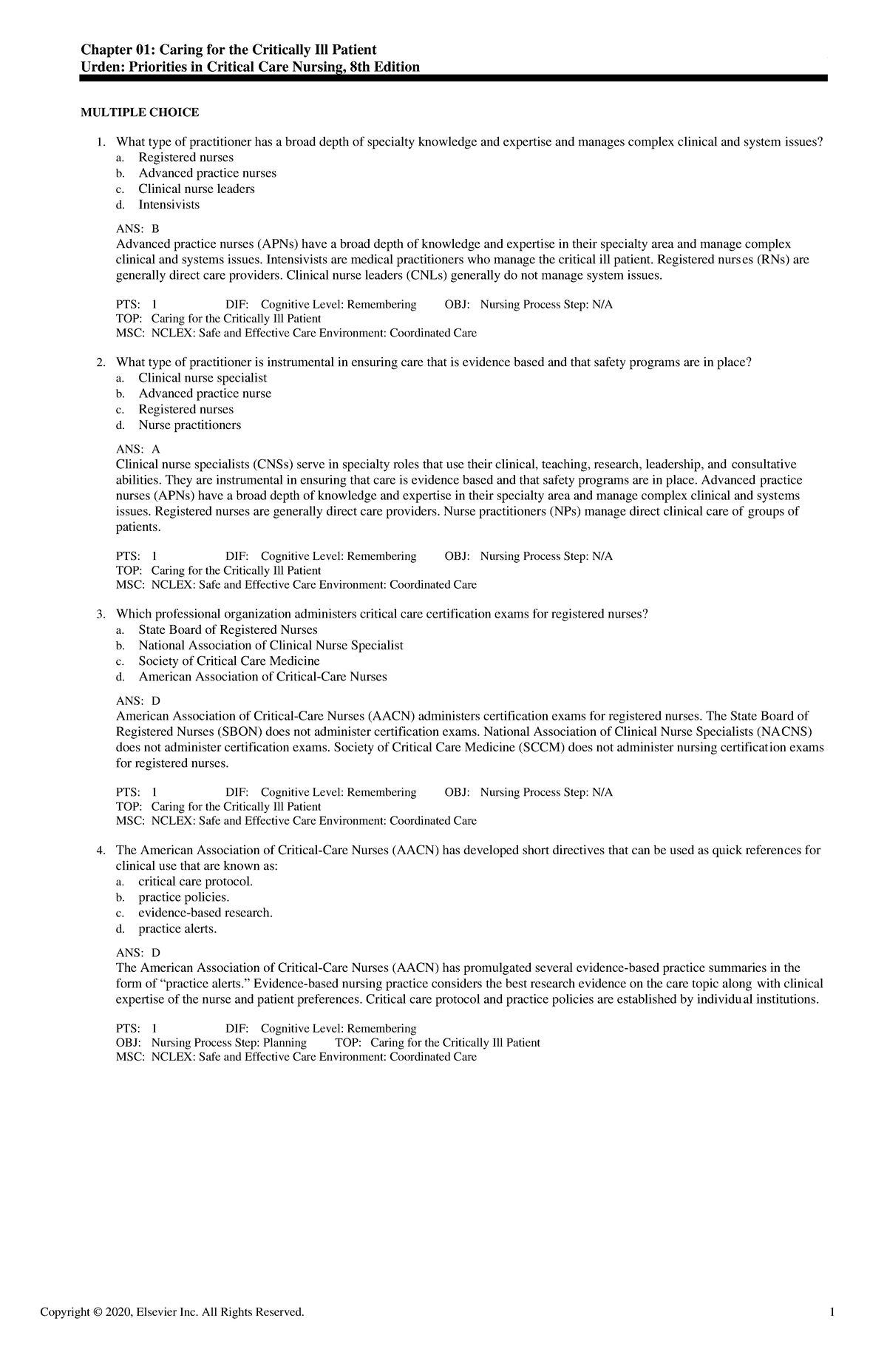 Exam View - Chapter 01 - nursing care - Chapter 01: Caring for the