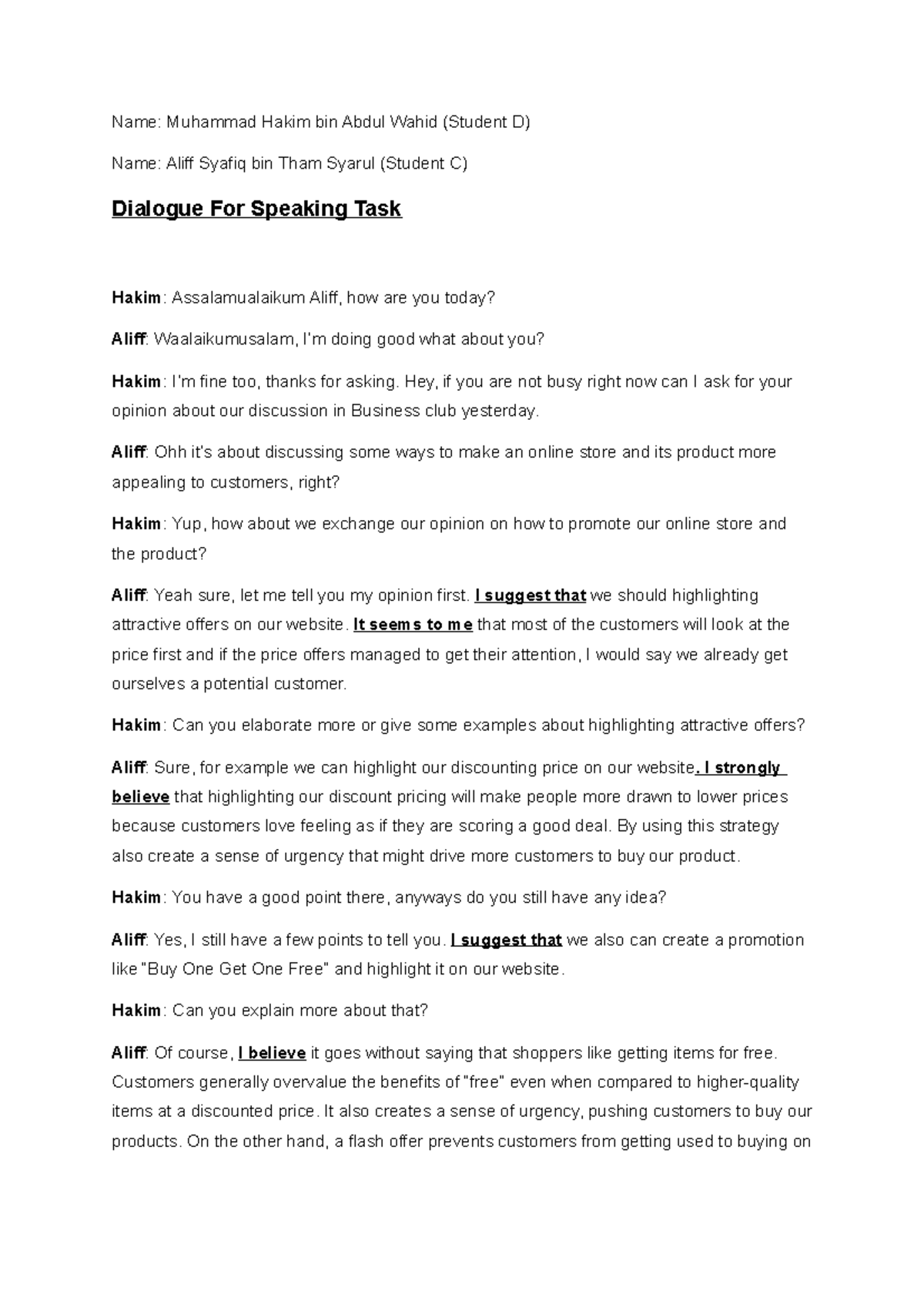 ELC Speaking Dialogue - ELC151 tutorial work 2021/2022 semester 2 uiTm ...