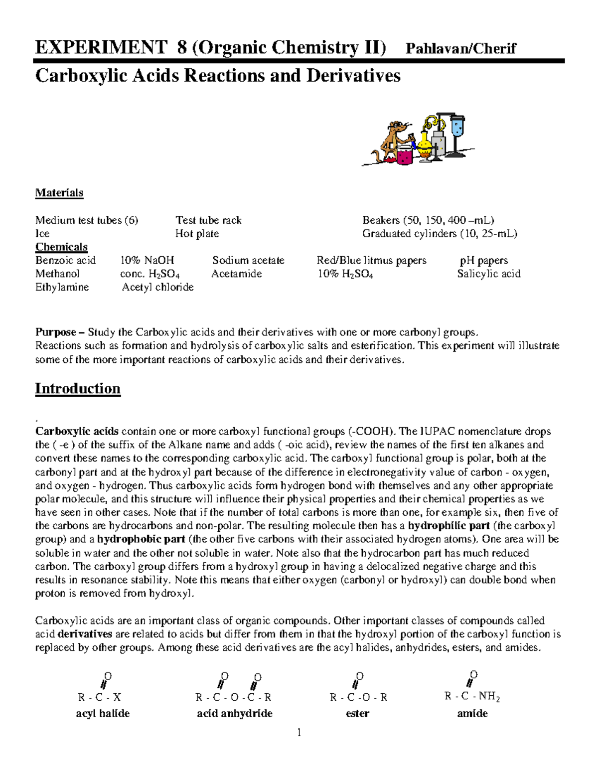 Lab 8 lab report EXPERIMENT 8 Chemistry II) Pahlavan/Cherif Carboxylic Acids