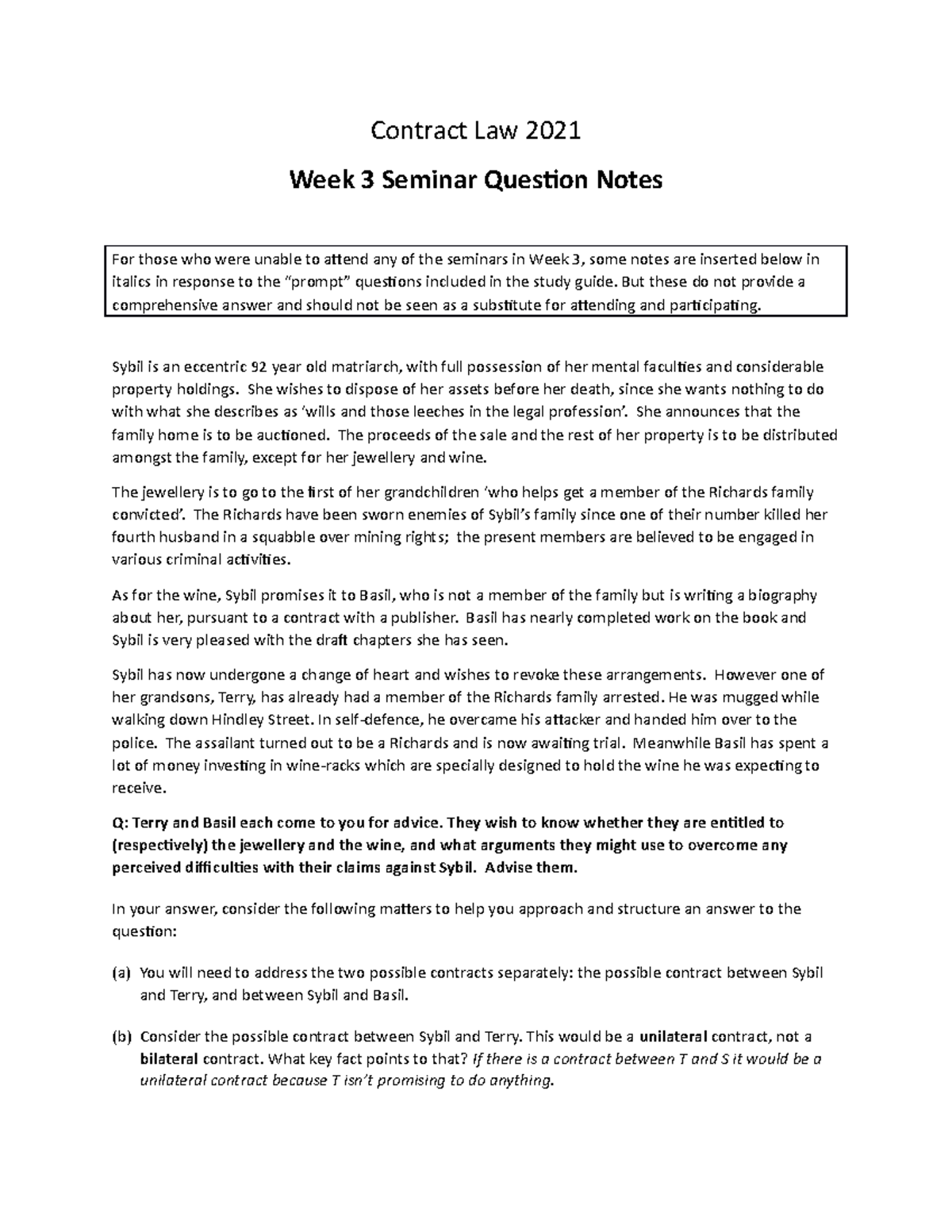 CL21 Week 3 seminar notes for students - Contract Law 2021 Week 3 ...