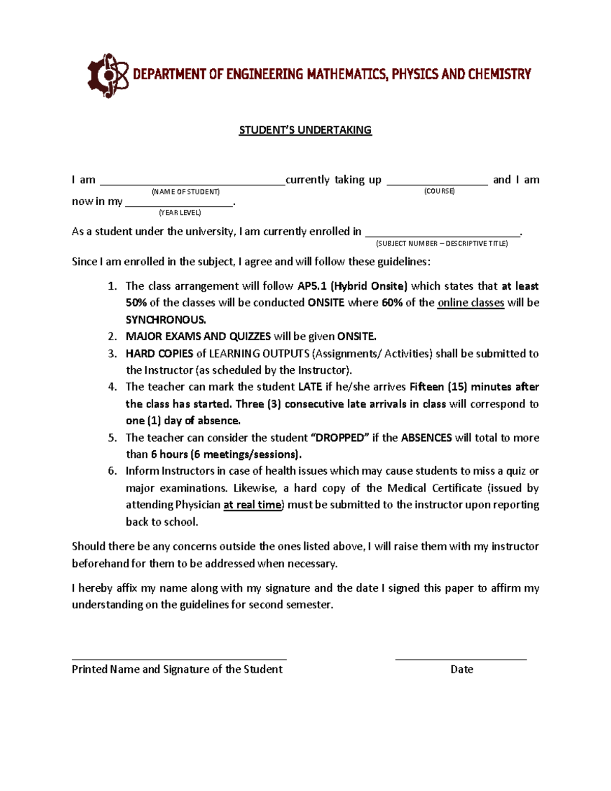 Written Agreement Lecture (physics) - STUDENT’S UNDERTAKING I am - Studocu