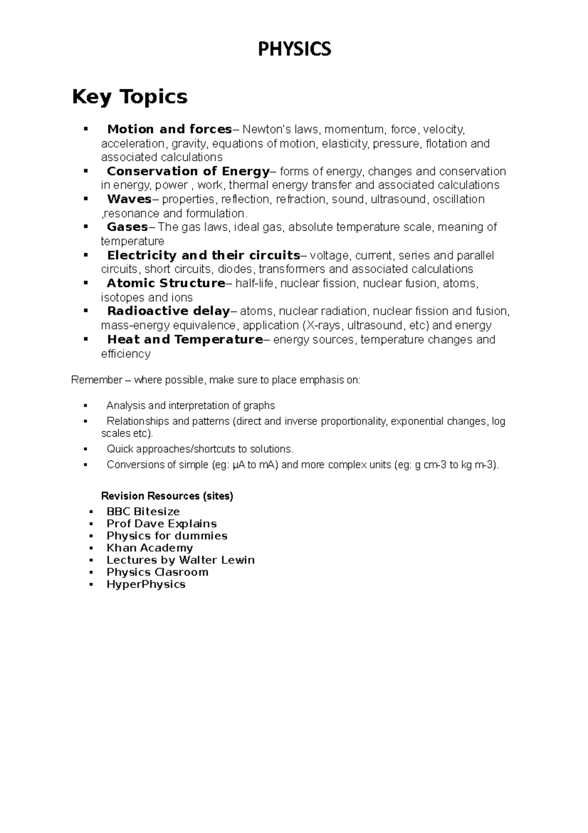 Key Topics physics Gamsat - Key Topics Motion and forces – Newton’s ...