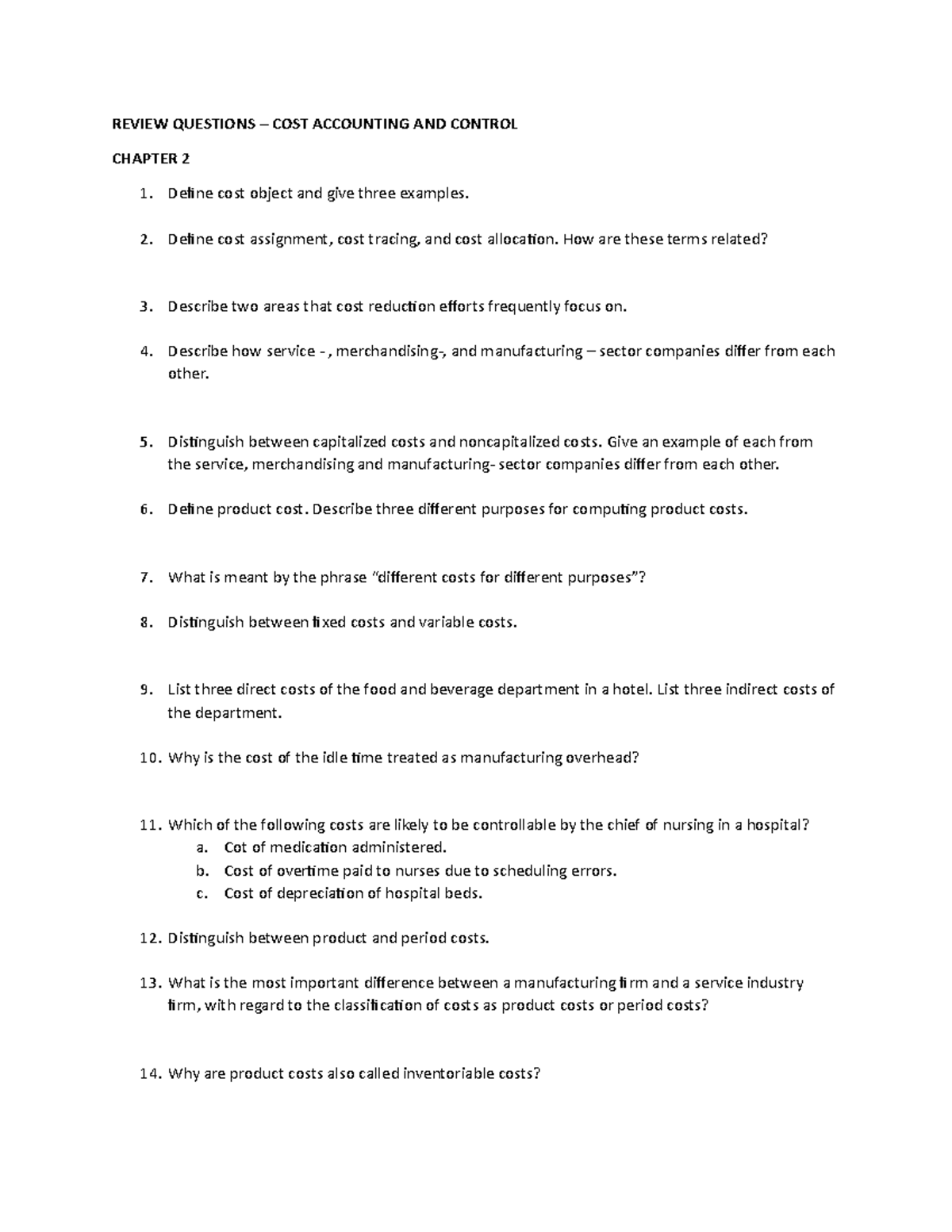 Review Questions COST Accounting AND Control REVIEW QUESTIONS