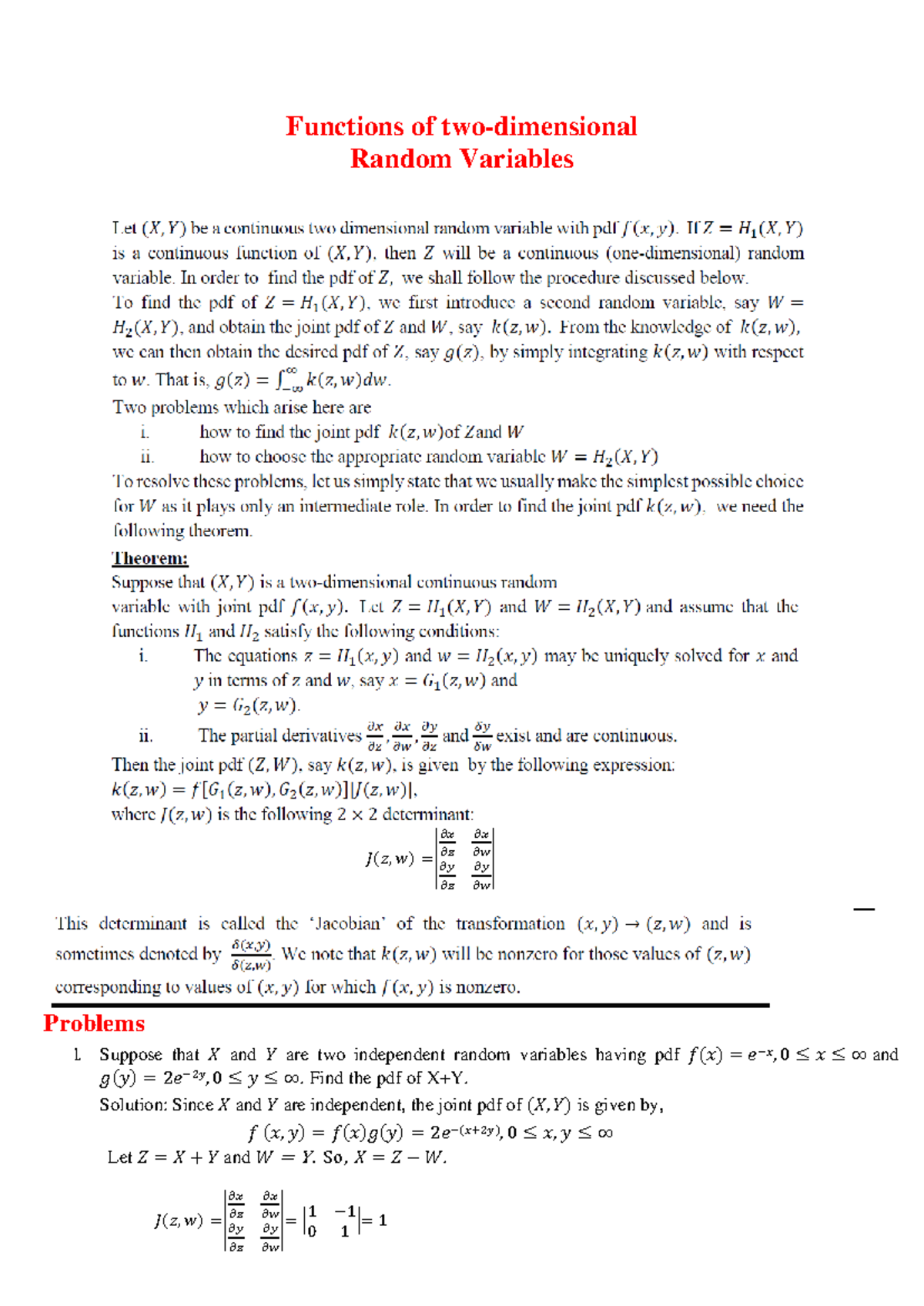 4.2 Functions of two dimensional random variables - Functions of two ...