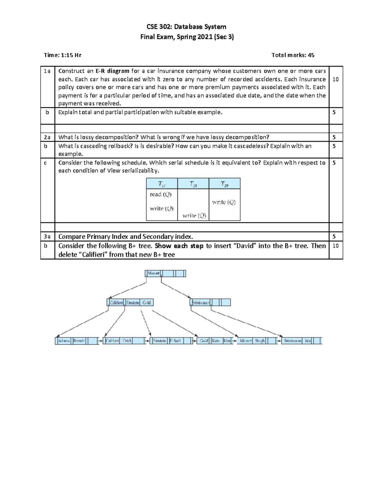 Final-Sec3 - I need this. - CSE 302: Database System Final Exam, Spring ...