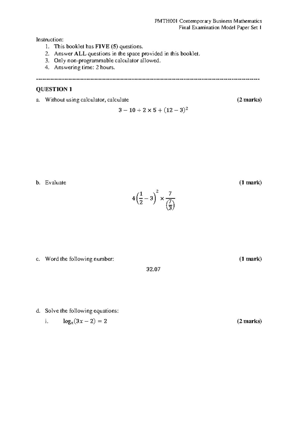 Model Paper 2 Question - maths - Final Examination Model Paper Set 1 ...