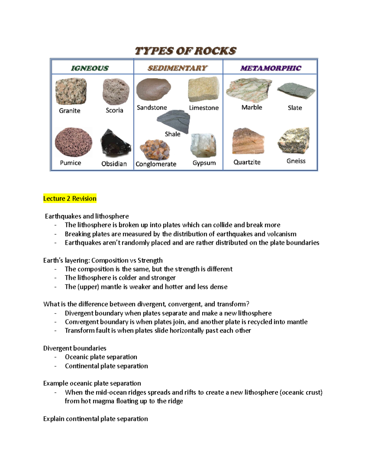 GEOL 121 Revision - Lecture 2 Revision Earthquakes and lithosphere ...
