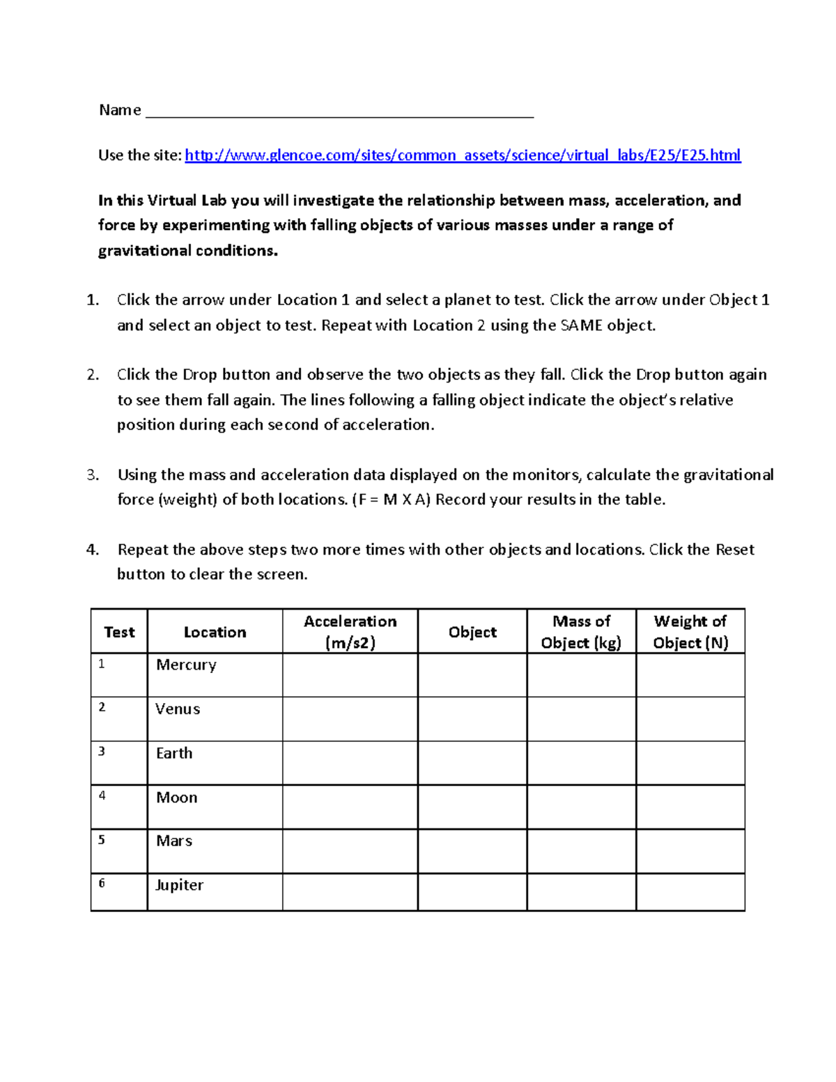 8th Grade Acceleration due to Gravity Virtual Lab Name Studocu