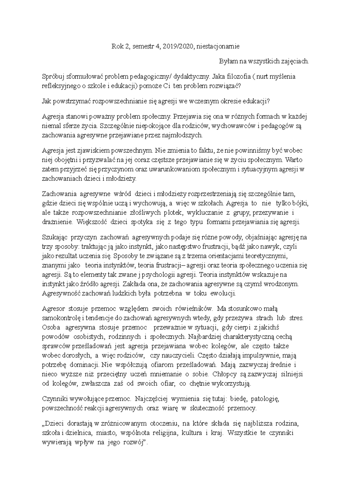 Scenariusz zajęć - Rok 2, semestr 4, 2019/2020, niestacjonarnie Byłam