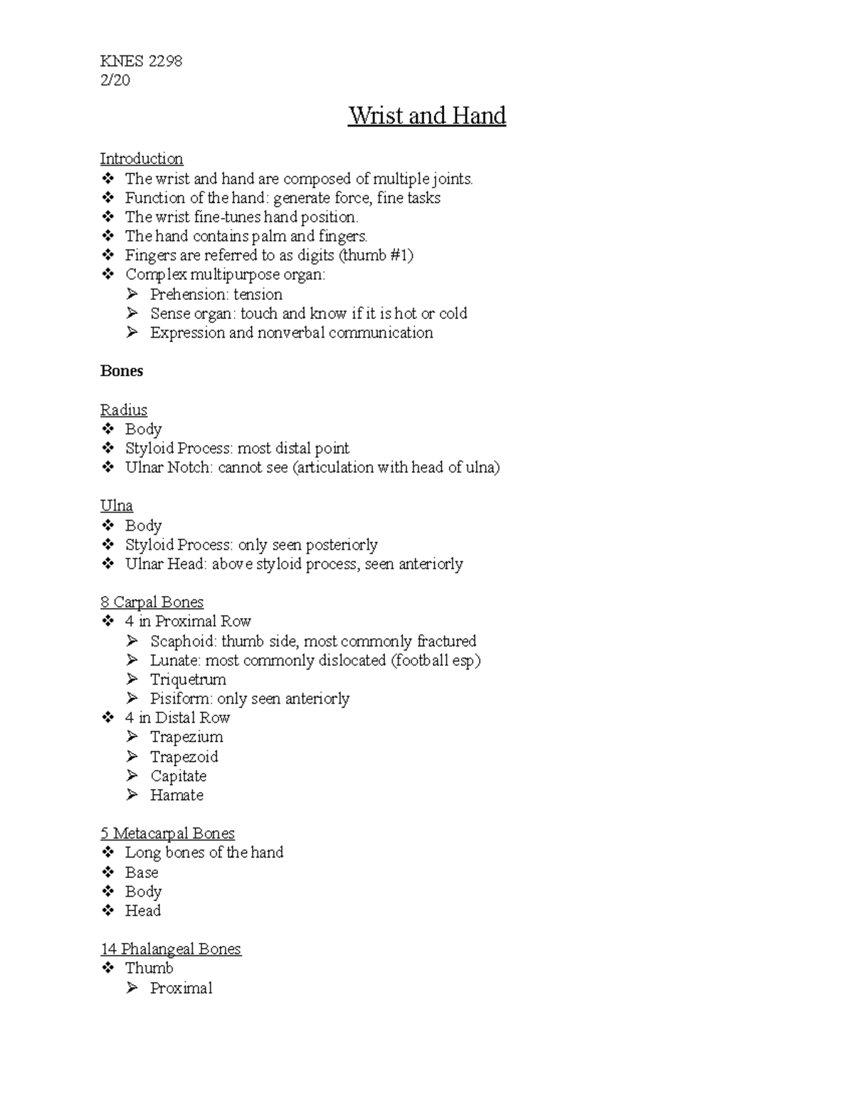 Wrist and Hand (2 20) - Lecture notes 6 - KNES 2298 2/20 Wrist and Hand ...