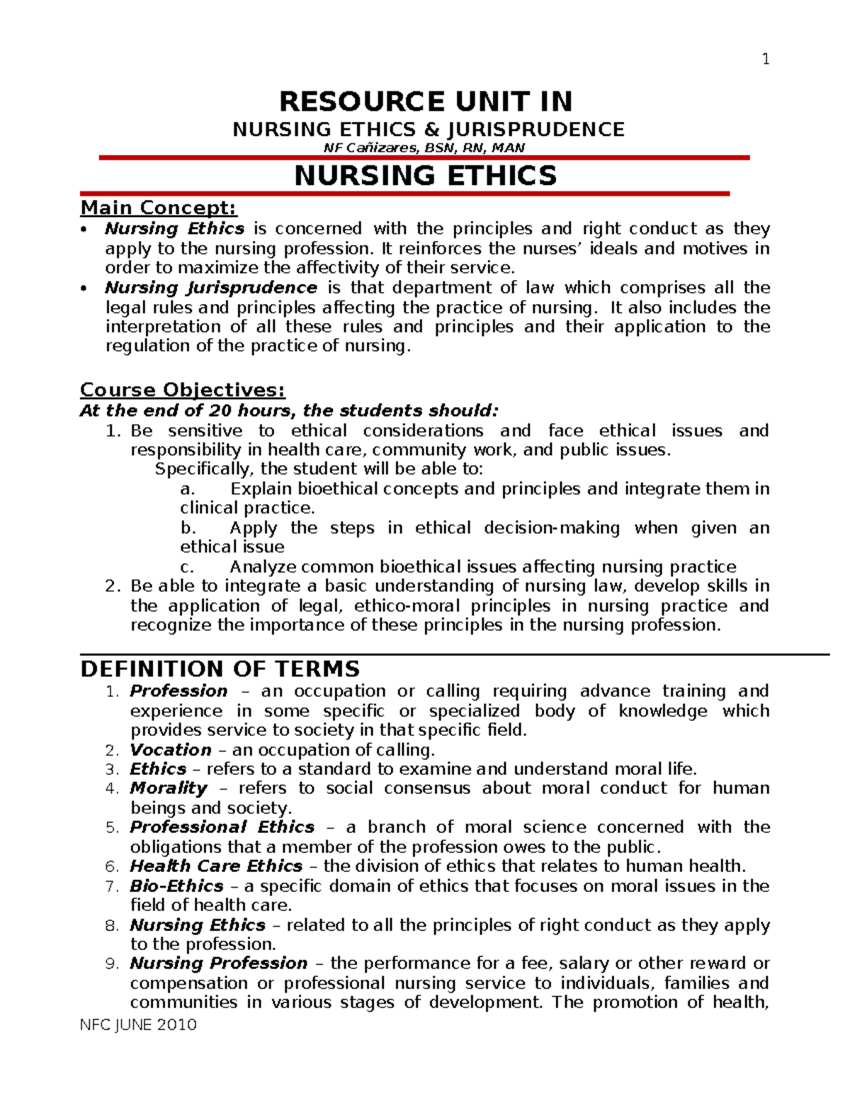 65283261 Nursing Ethics and Jurisprudence 1 - RESOURCE UNIT IN NURSING ...
