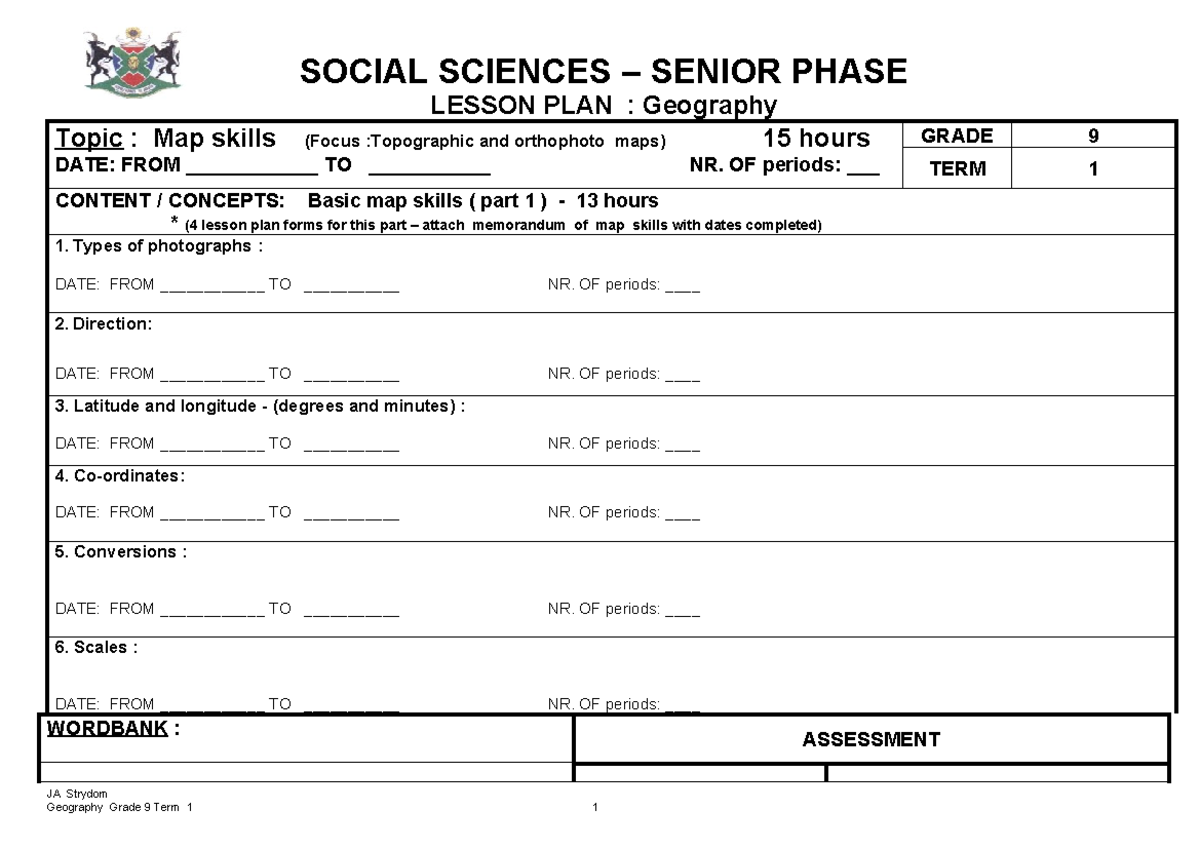 Grade 9 geography term 1 SOCIAL SCIENCES SENIOR PHASE LESSON PLAN