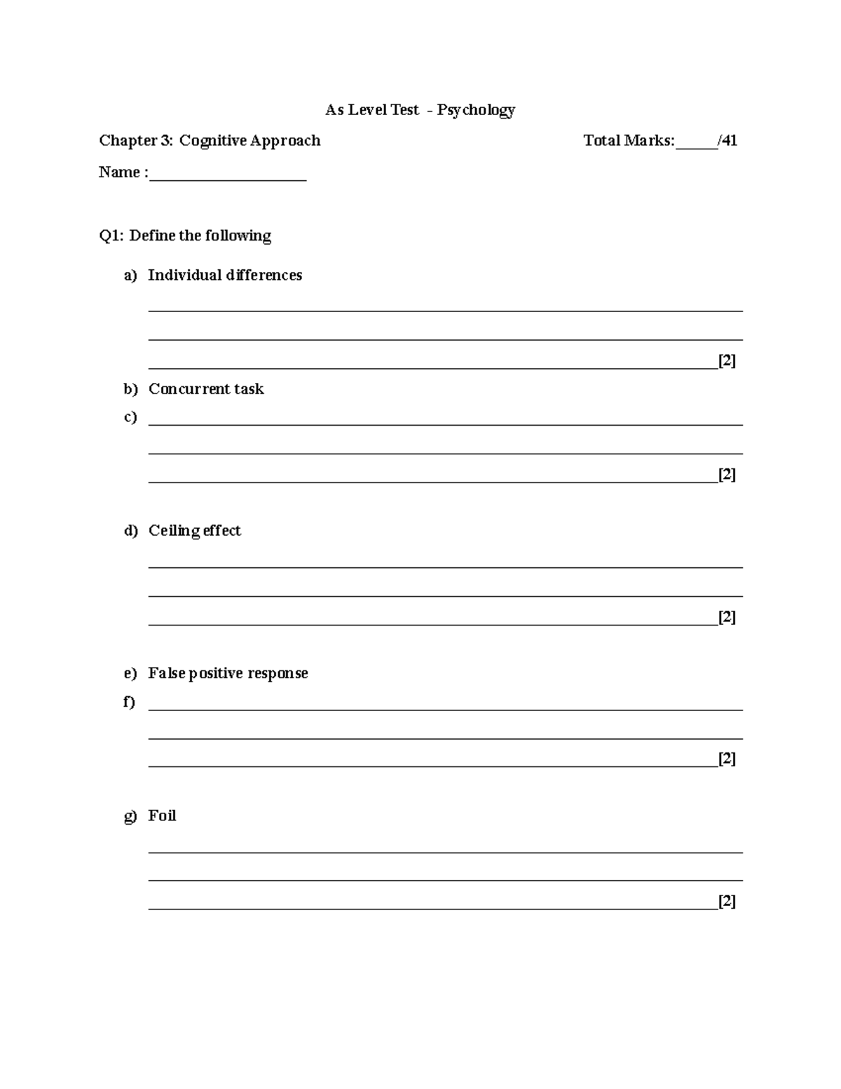 As Level Test Chap 3 - good reviosion - As Level Test - Psychology ...