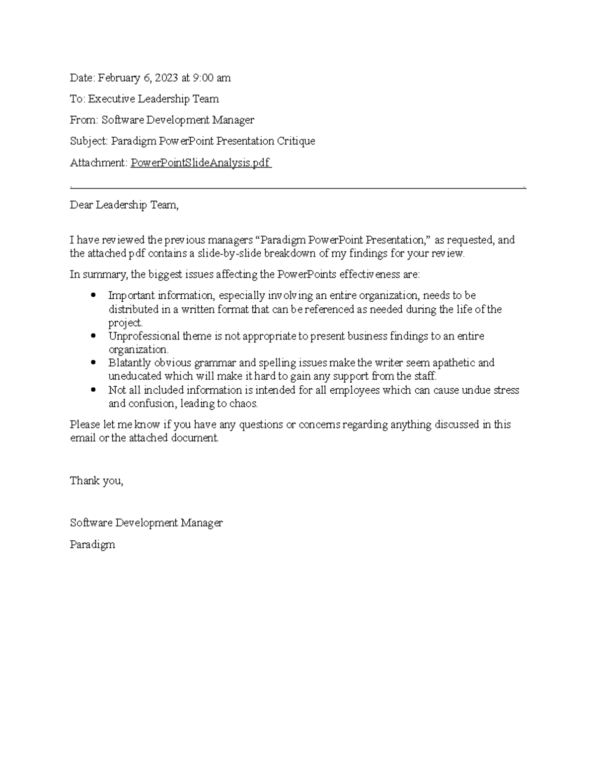 Email Critique C948 - Date: February 6, 2023 at 9:00 am To: Executive ...