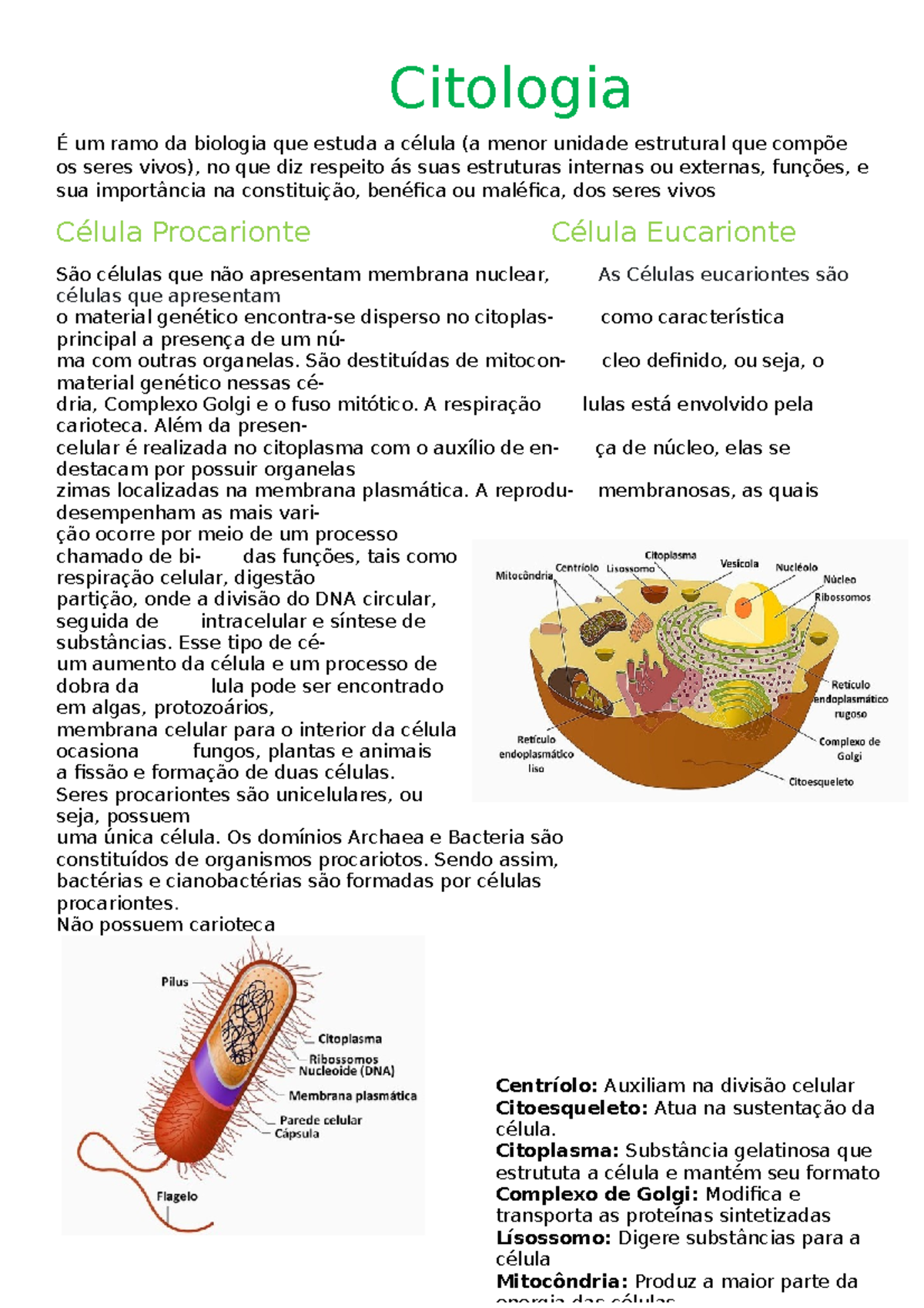 Citologia - Citologia É Um Ramo Da Biologia Que Estuda A Célula (a ...