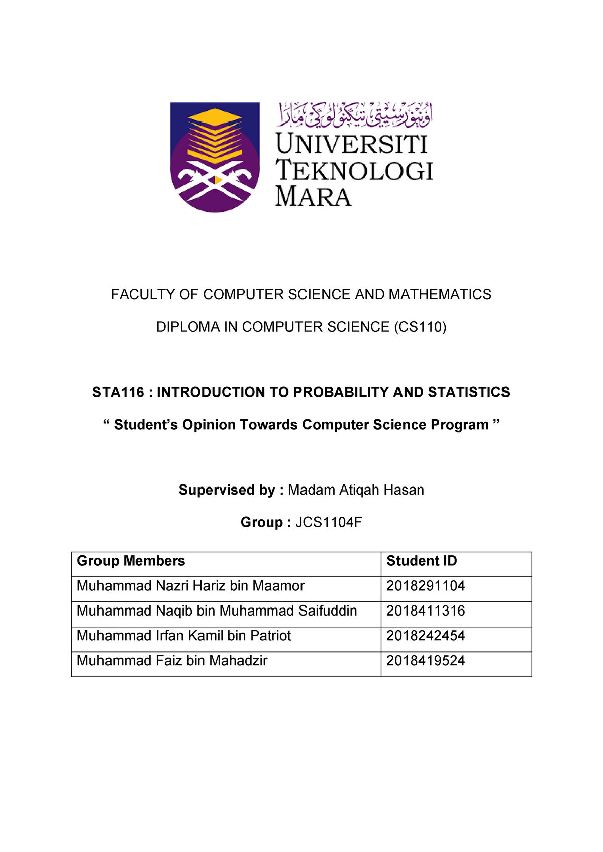 STA116 - Final Project Report 2018/2019 - FACULTY OF COMPUTER SCIENCE ...