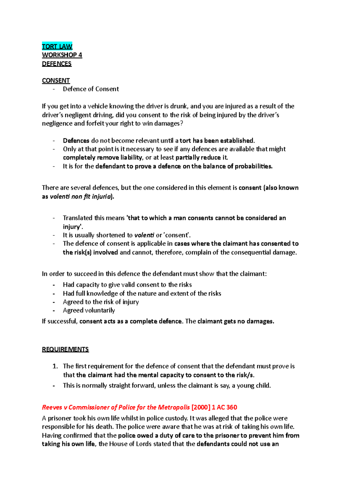 Defence Consent TORT LAW 4 DEFENCES CONSENT Defence of