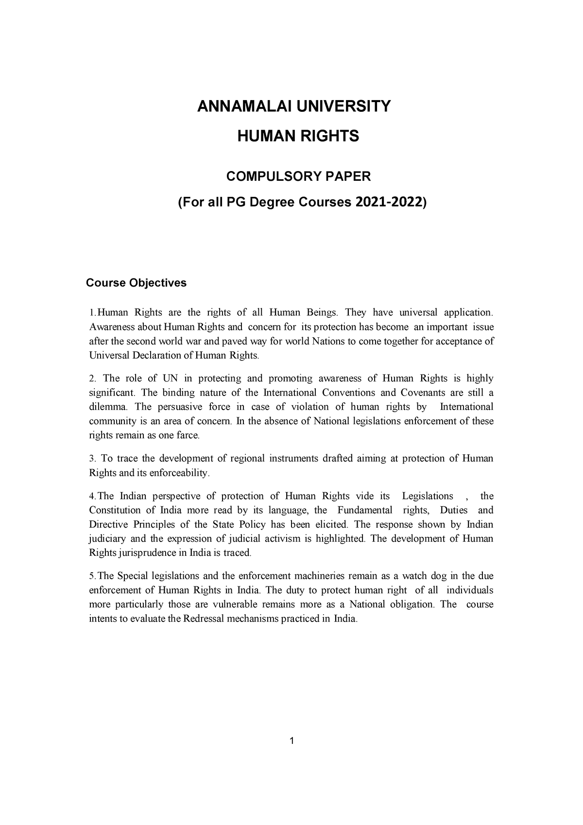 Human Rights notes ANNAMALAI UNIVERSITY HUMAN RIGHTS COMPULSORY PAPER