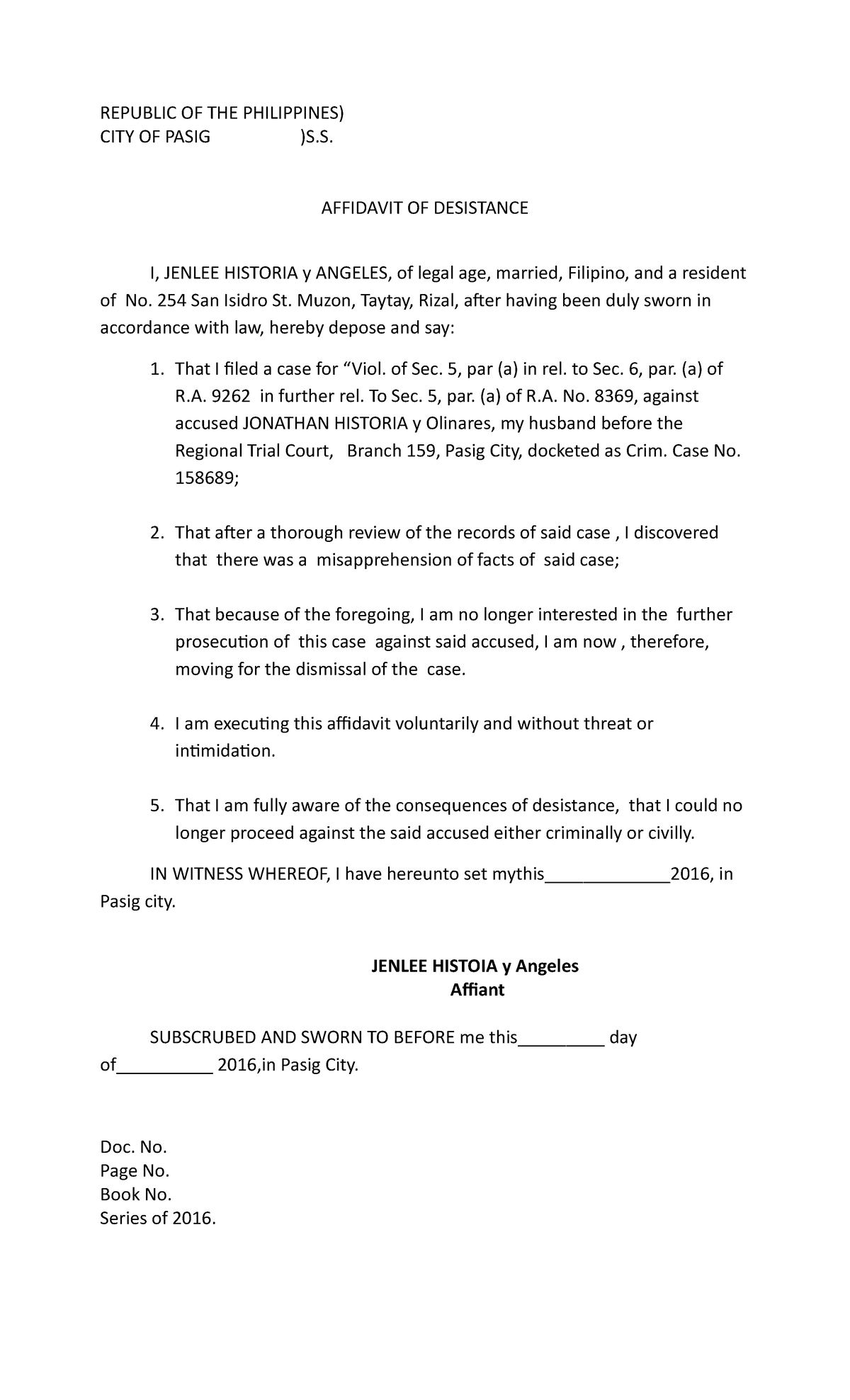 Affidavit Of Desistance Tagalog