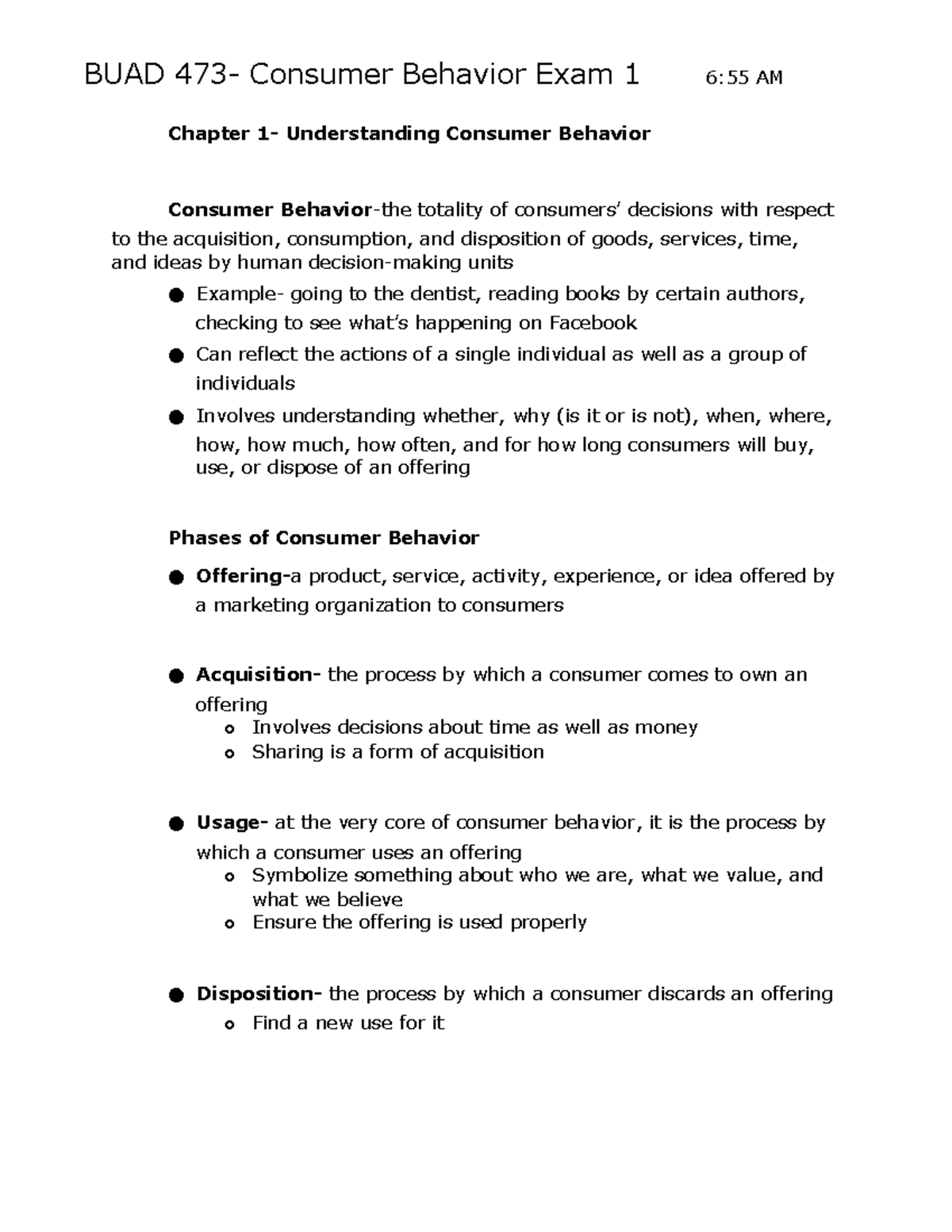 473 Exam 1 - Exam 1 study guide Professor Park - BUAD 473- Consumer ...