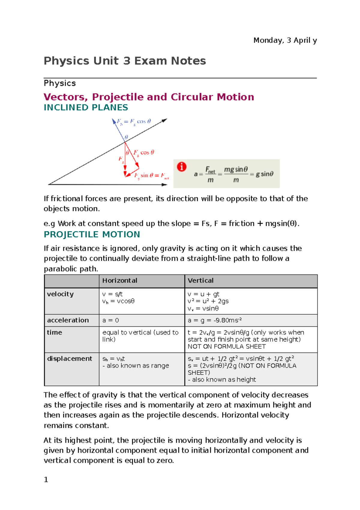 Physics Unit 3 Exam Notes - Physics Unit 3 Exam Notes Physics Vectors ...