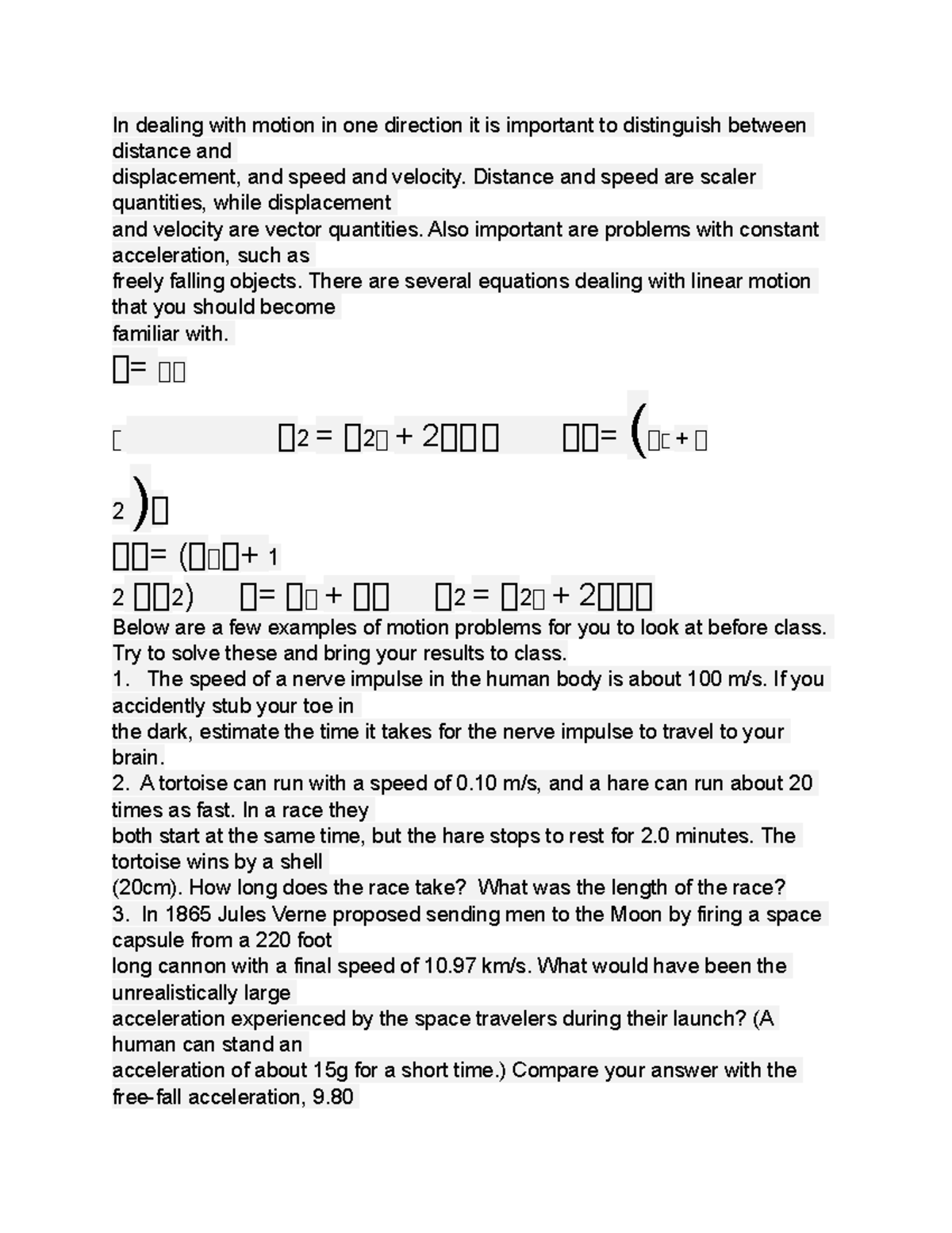 Physics 24 - practice materials - In dealing with motion in one ...