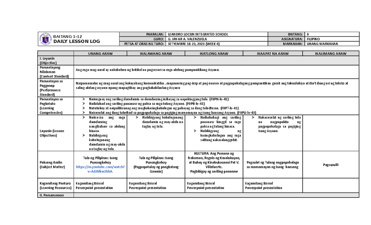 Dll Filipino 9 Week 2 Wfwefwf Baitang 1 Daily Lesson Log Paaralan Leandro Locsin 8161