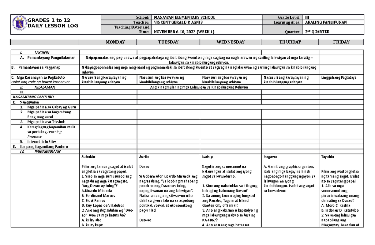 DLL Araling Panlipunan 3 Q2 W1 - GRADES 1 to 12 DAILY LESSON LOG School ...