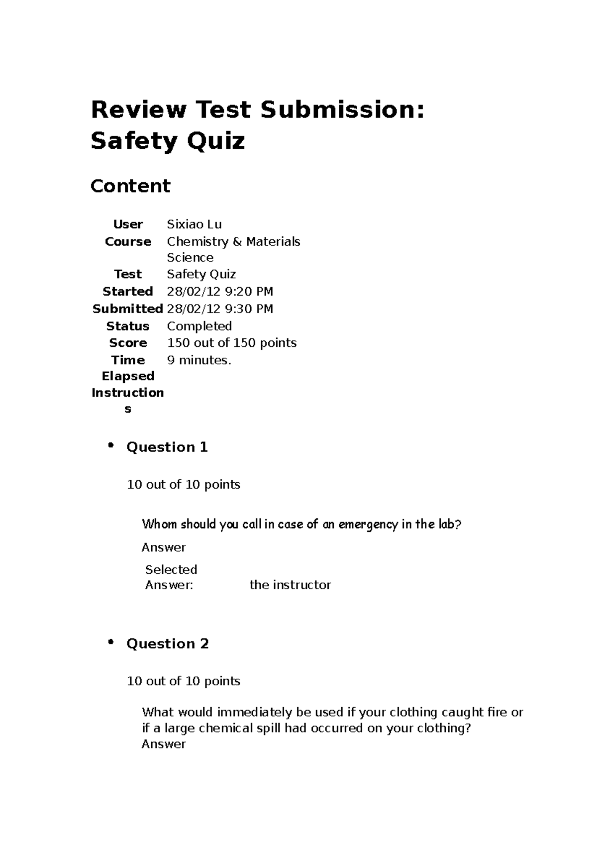 Safety-Quiz - Safety Quiz - Review Test Submission: Safety Quiz Content ...