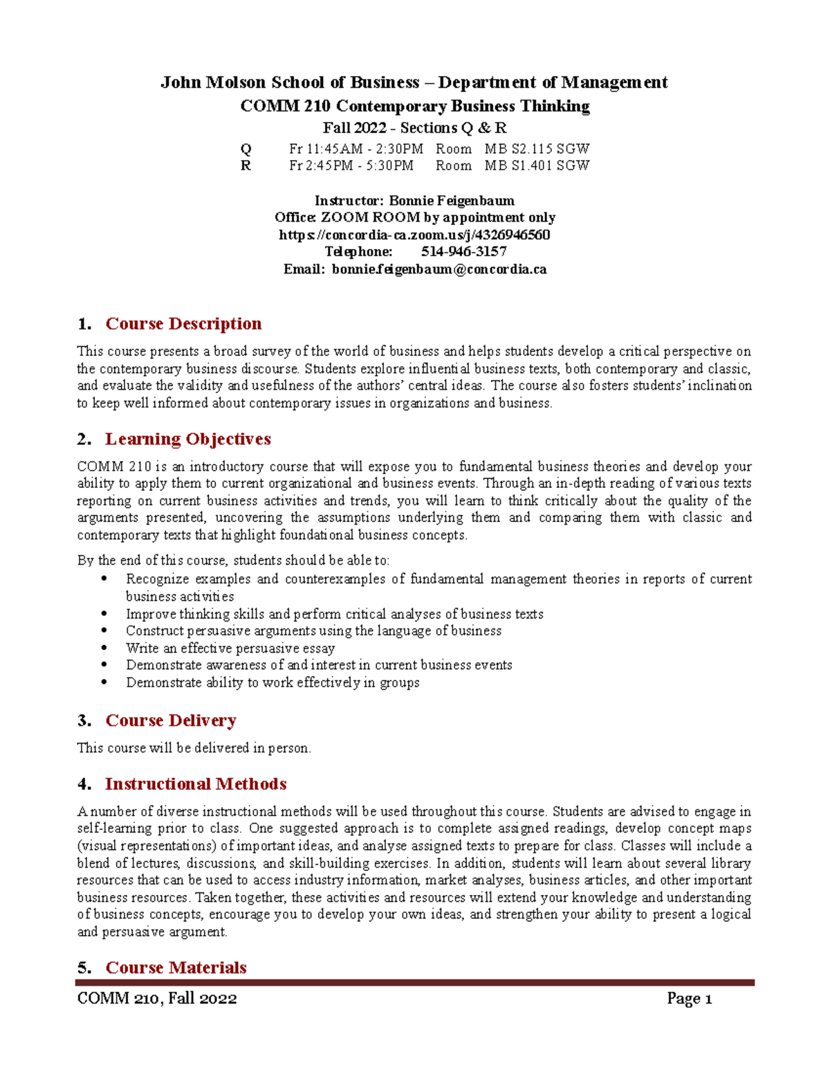 COMM 210 Course Outline 2022 Feigenbaum QR - John Molson School of ...
