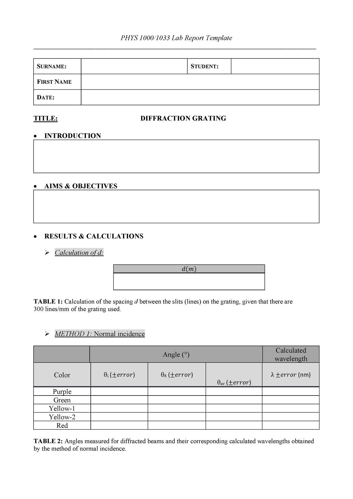 Exp06 - Diffraction Grating - Lab Report Template - PHYS 1000/1033 Lab ...