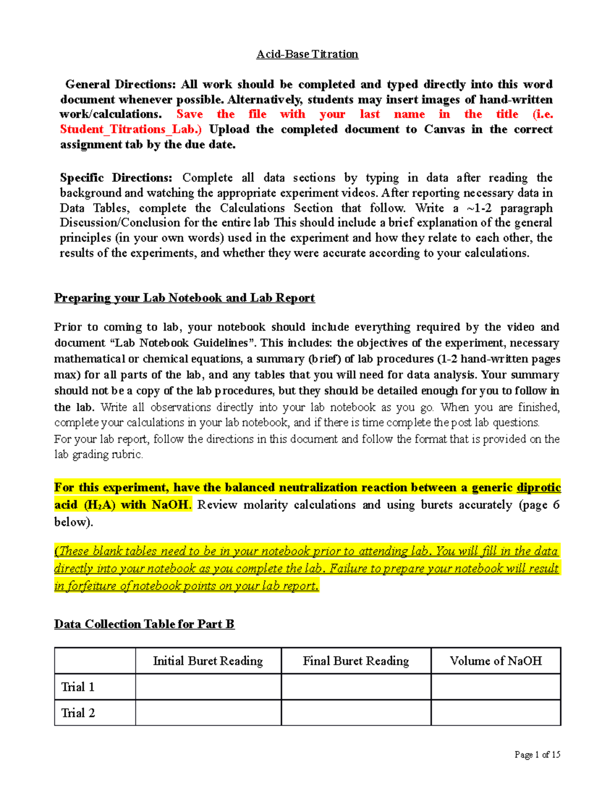 Kocsis Titration Lab General Directions All work should be completed