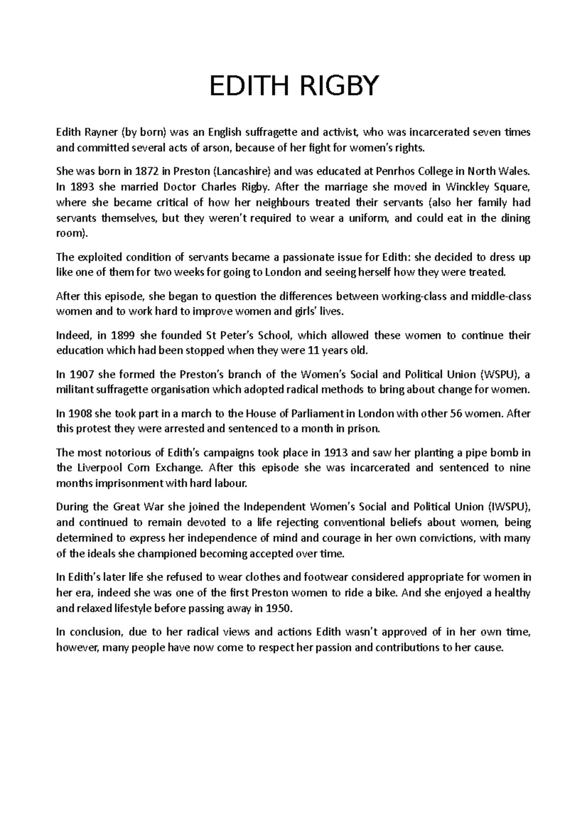 Edith Rigby Assignment EDITH RIGBY Edith Rayner (by born) was an