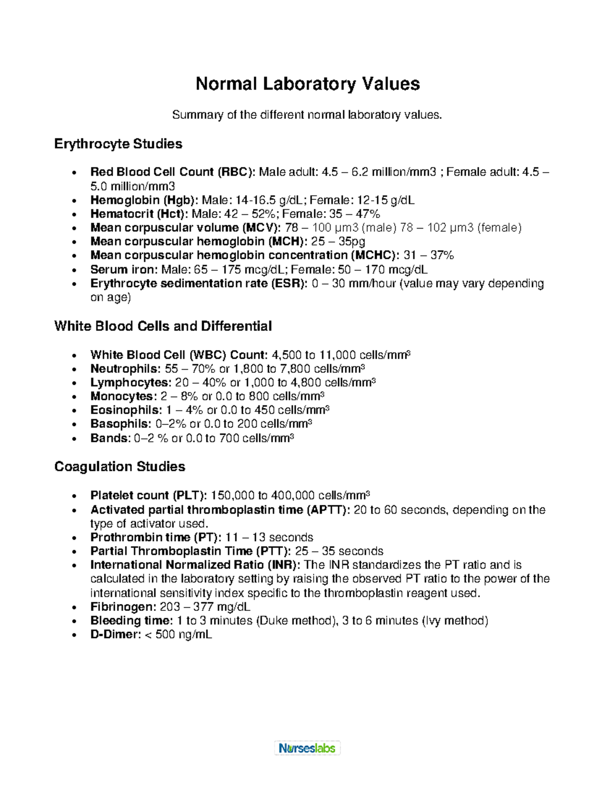 Nurseslabs Normal Lab Values 1 Normal Laboratory Values Summary Of 