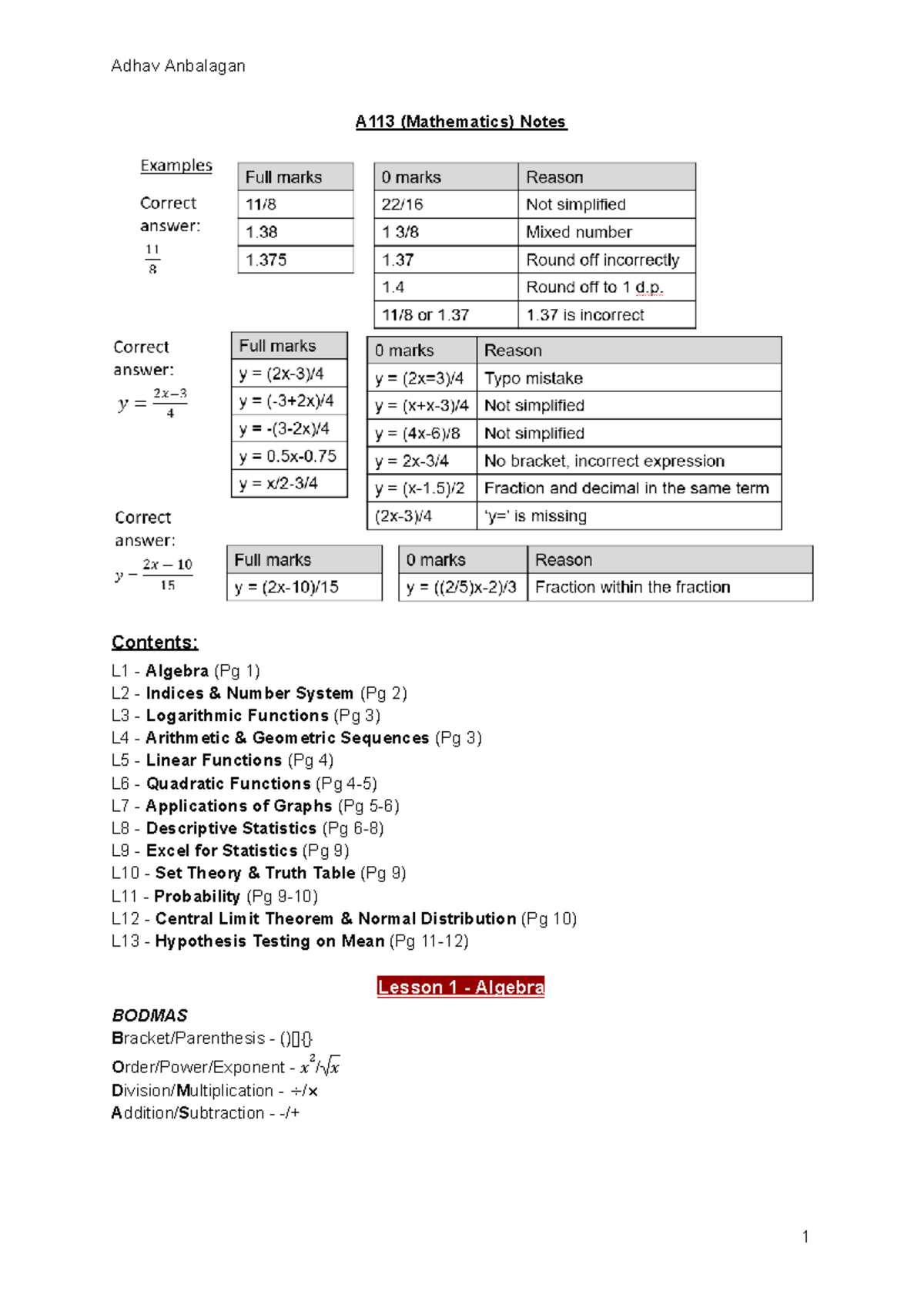 A113 (Mathematics) Notes - A113 (Mathematics) Notes Contents: L1 ...