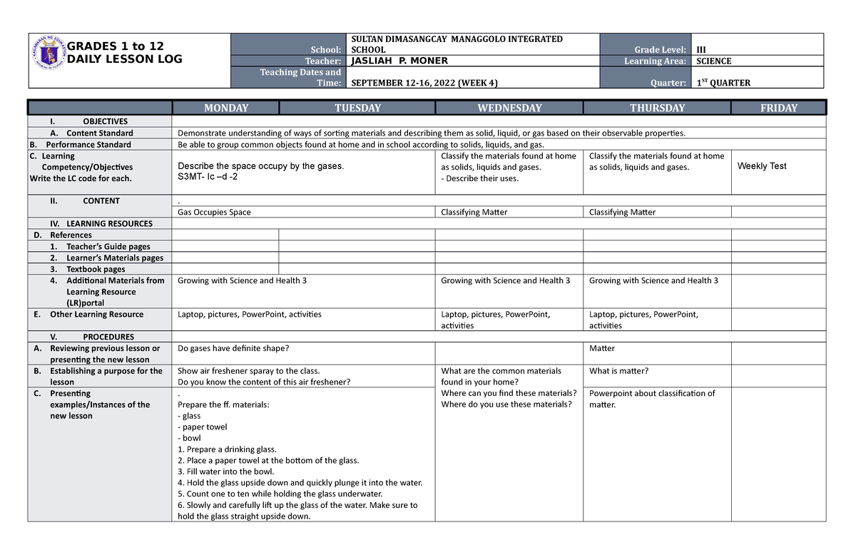 DLL Science 3 Q1 W4 - lklkkll - GRADES 1 to 12 DAILY LESSON LOG School ...