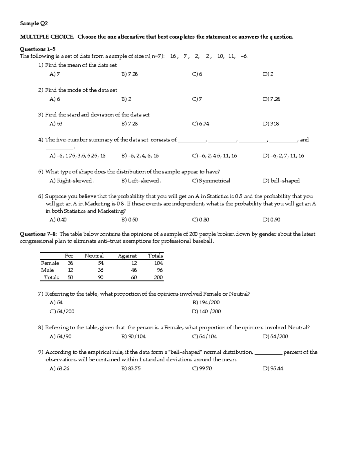 Sample quiz2 - Sample Q MULTIPLE CHOICE. Choose the one alternative ...