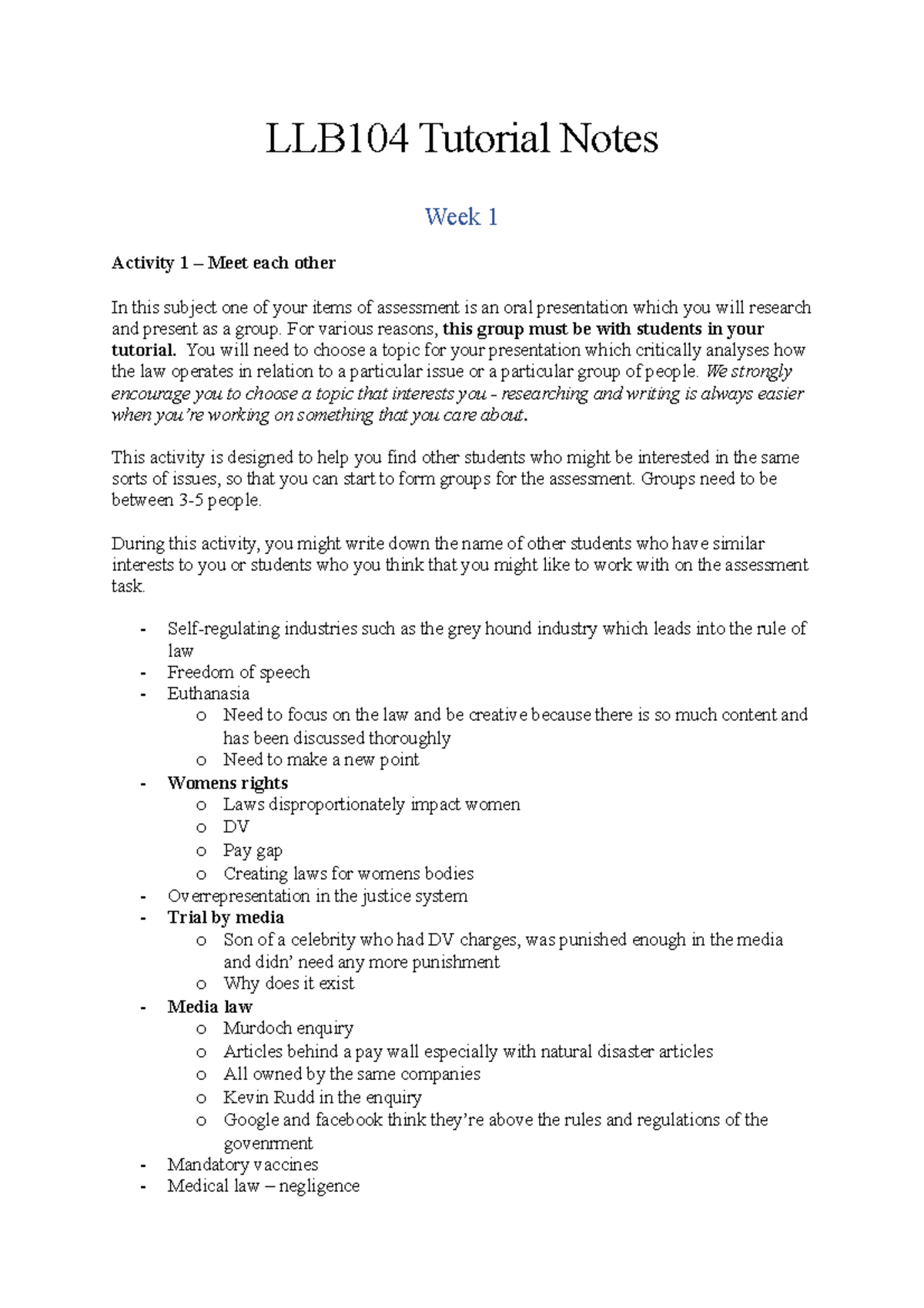 LLB104 Tutorial Notes - LLB104 Tutorial Notes Week 1 Activity 1 – Meet ...